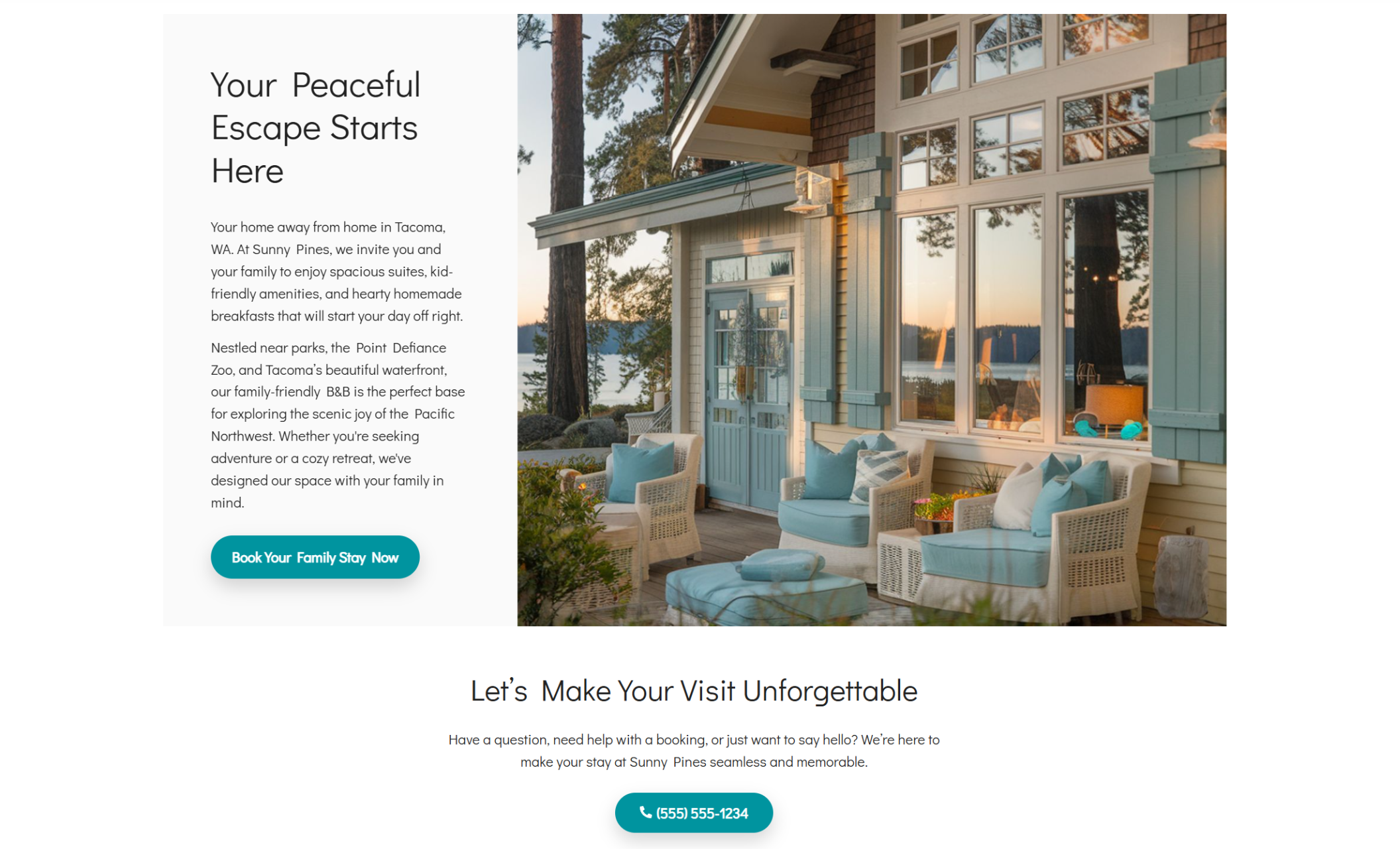 Sunny Pines homepage banner showing a sunlit window reflecting trees and lake views behind the headline “The Only Family B&B in Tacoma Where Breakfast Feels Homemade and the Kids Feel Right at Home” with a white booking button