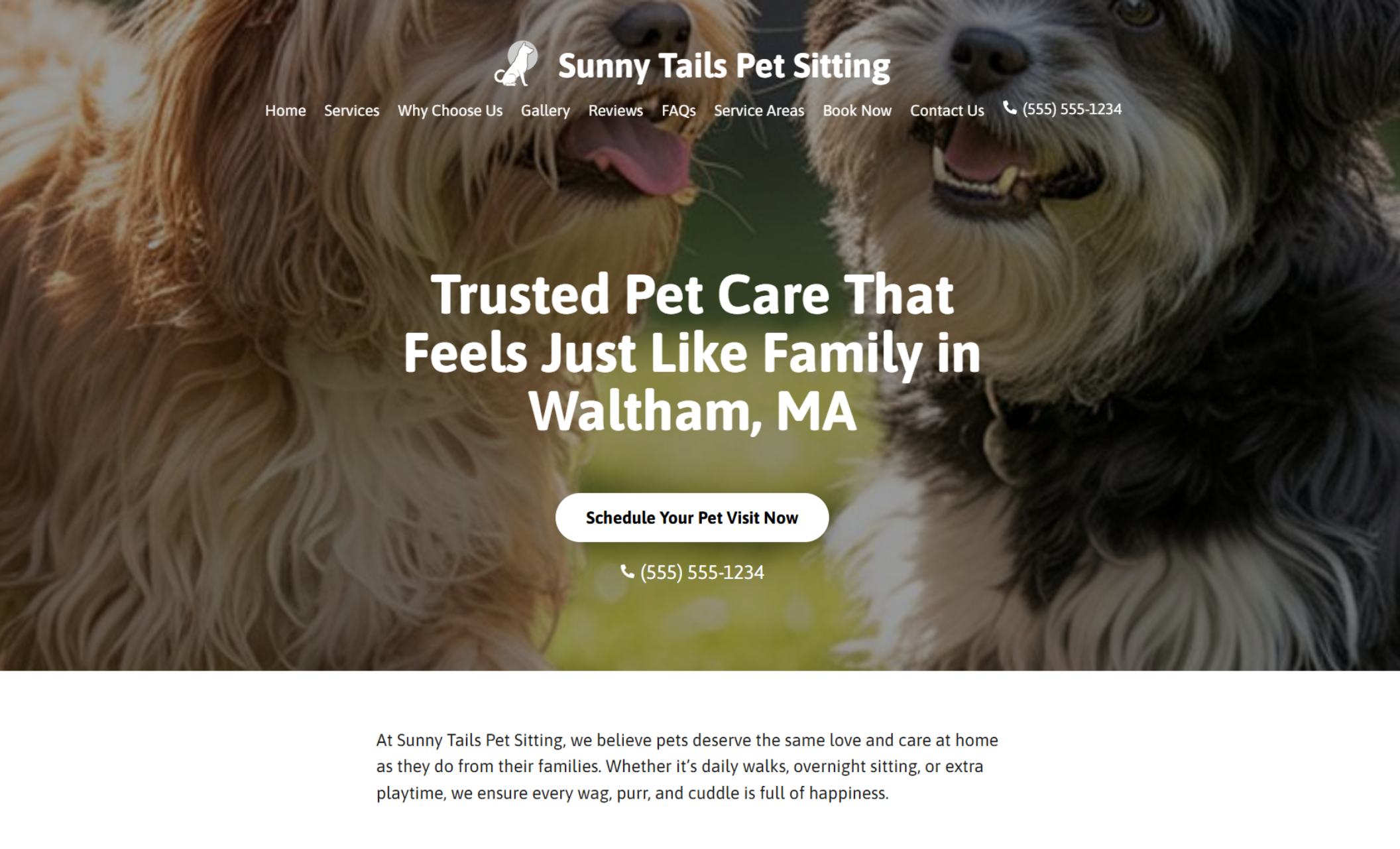 Sunny Tails Pet Sitting homepage with a close-up of two fluffy dogs behind the headline “Trusted Pet Care That Feels Just Like Family in Waltham, MA” and a black booking button with phone number
