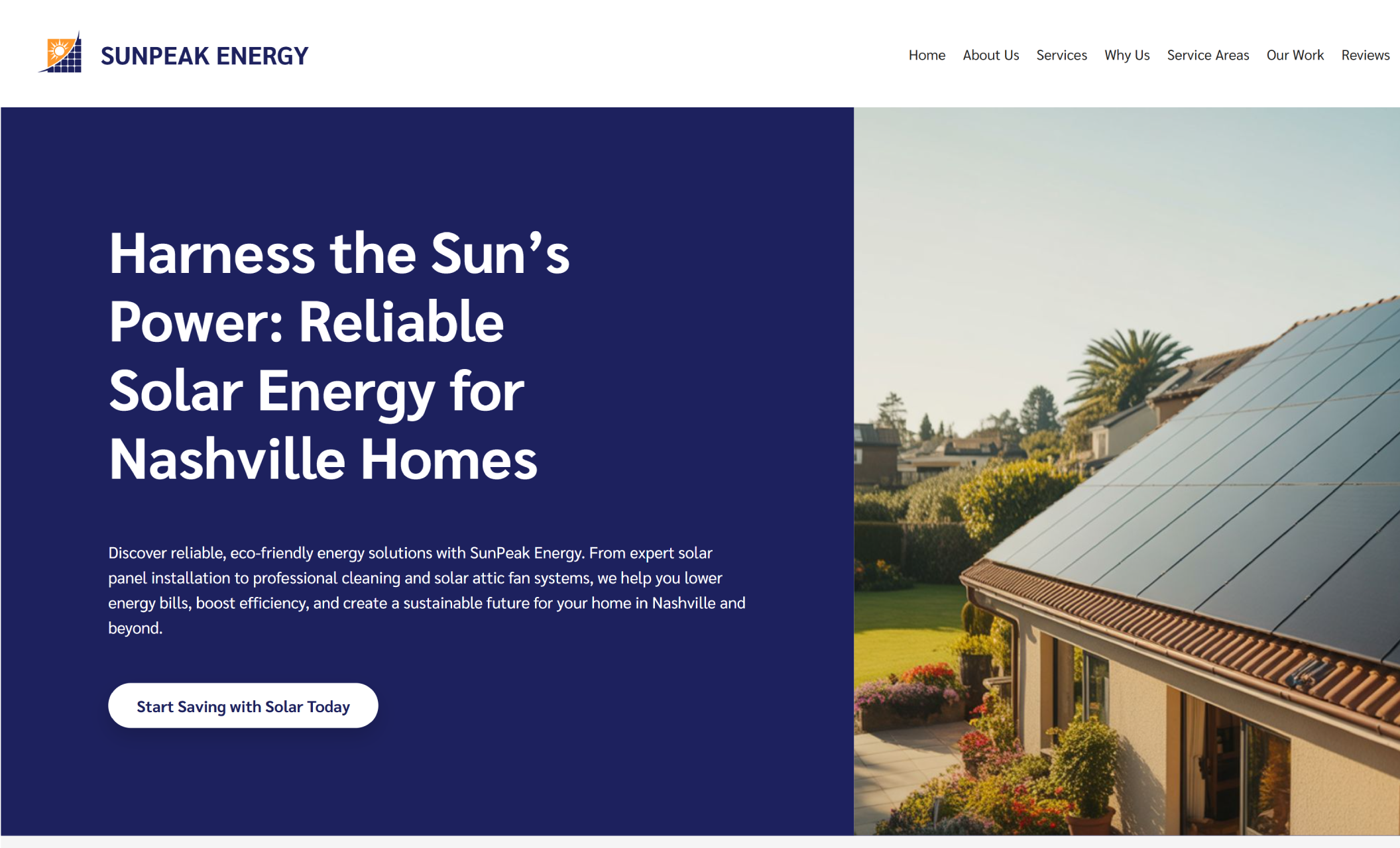 SunPeak Energy homepage showing a modern home with solar panels under the headline “Harness the Sun’s Power: Reliable Solar Energy for Nashville Homes” and a call-to-action button that says “Start Saving with Solar Today.”