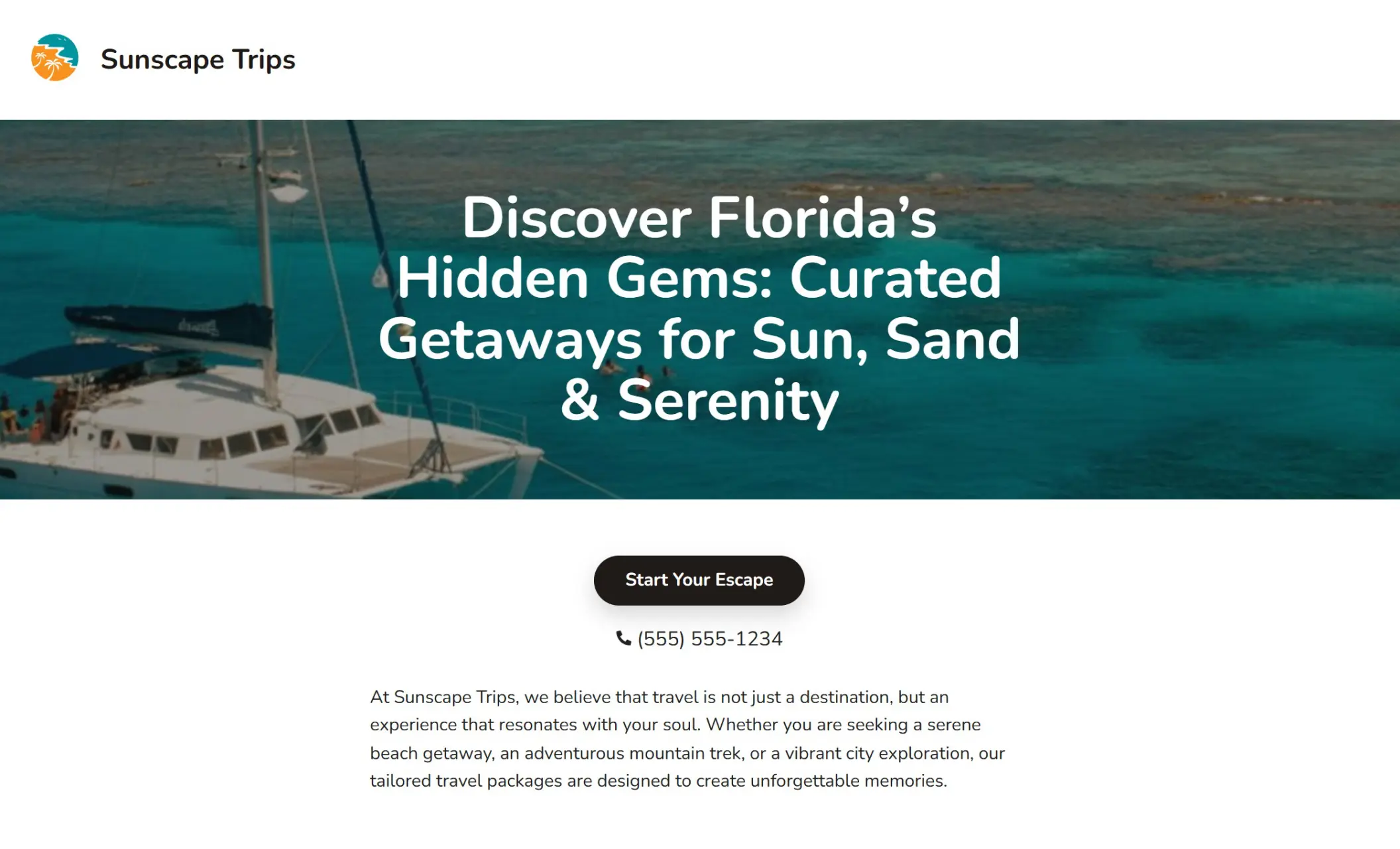 Sunscape Trips' homepage featuring the image of a boat sailing in the sea, company branding, call-to-action button, and a brief introduction of the company