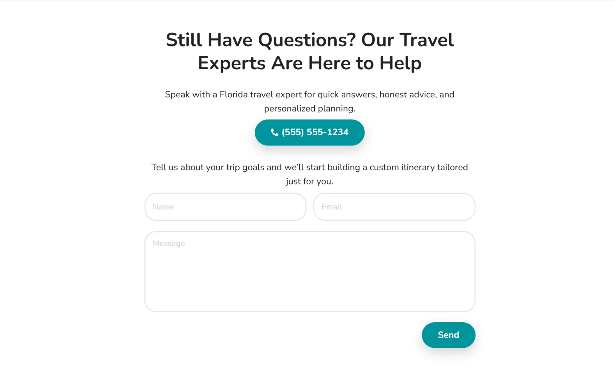 Sunscape Trips' website displaying a contact form