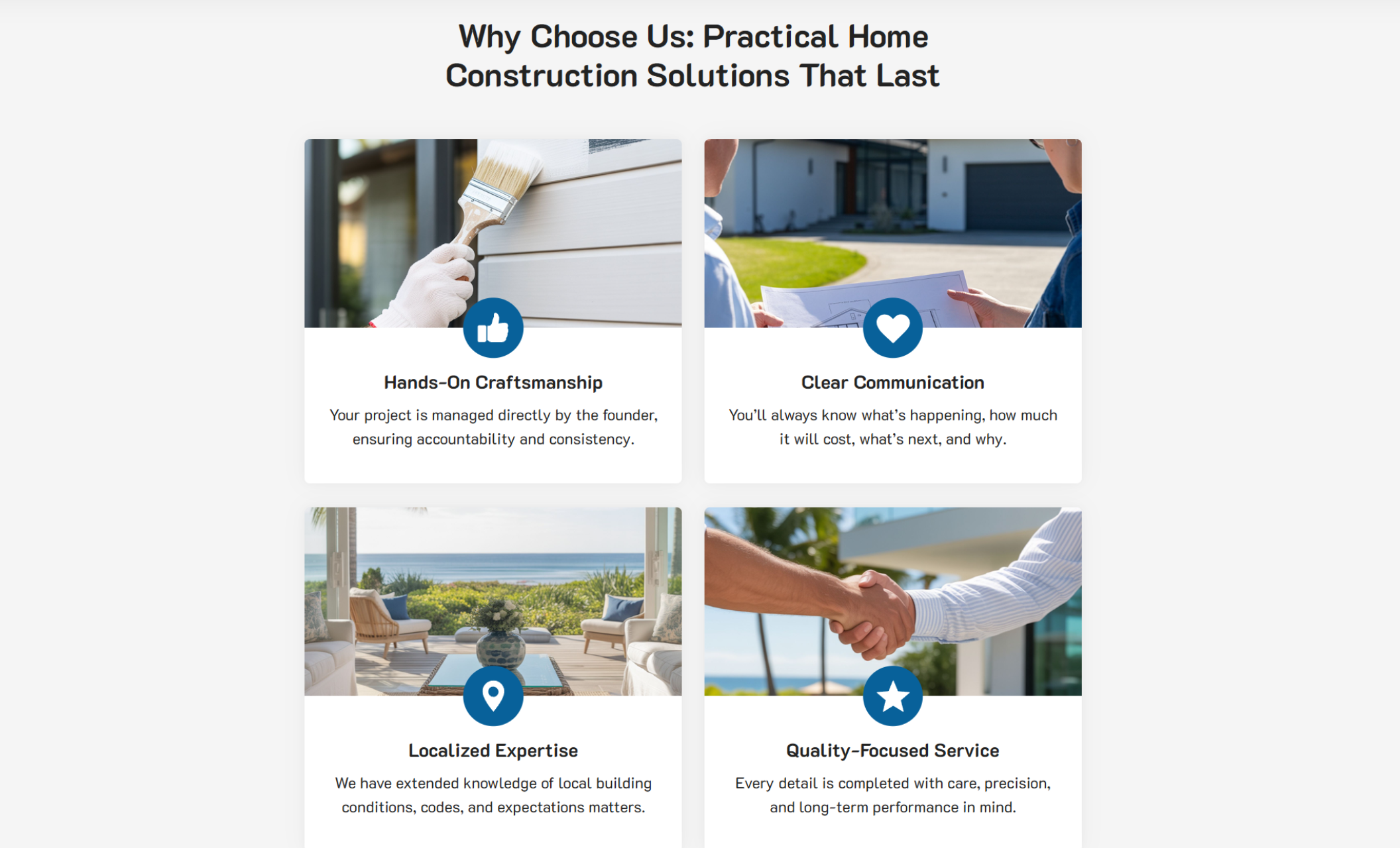 Sunstone Build Co. value highlights section titled “Why Choose Us: Practical Home Construction Solutions That Last,” showing four image cards labeled Hands-On Craftsmanship, Clear Communication, Localized Expertise, and Quality-Focused Service with corresponding icons