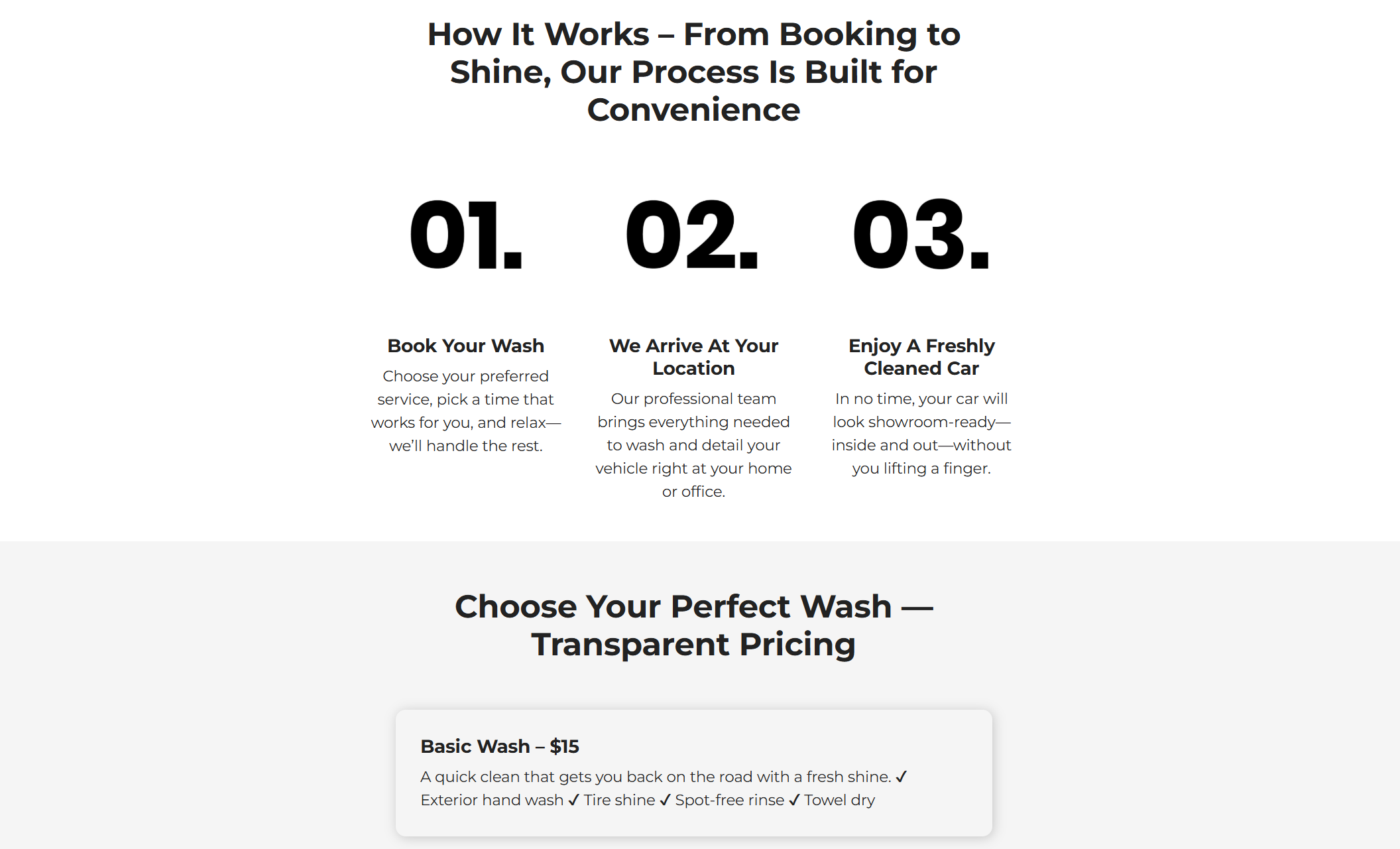 Step-by-step process section from Supreme Car Wash illustrating how easy it is to book, receive service, and enjoy a freshly cleaned car, followed by a simple pricing box for a $15 basic wash
