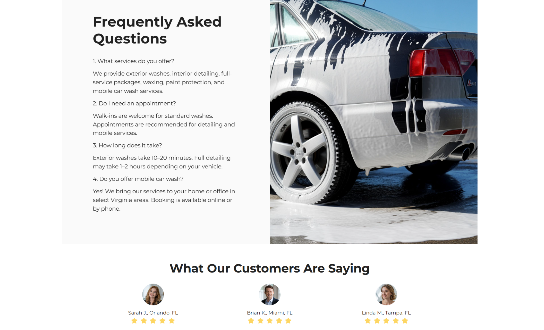 FAQ section of Supreme Car Wash combining a list of common questions with a photo of a white car covered in thick soap foam, emphasizing thorough and professional cleaning