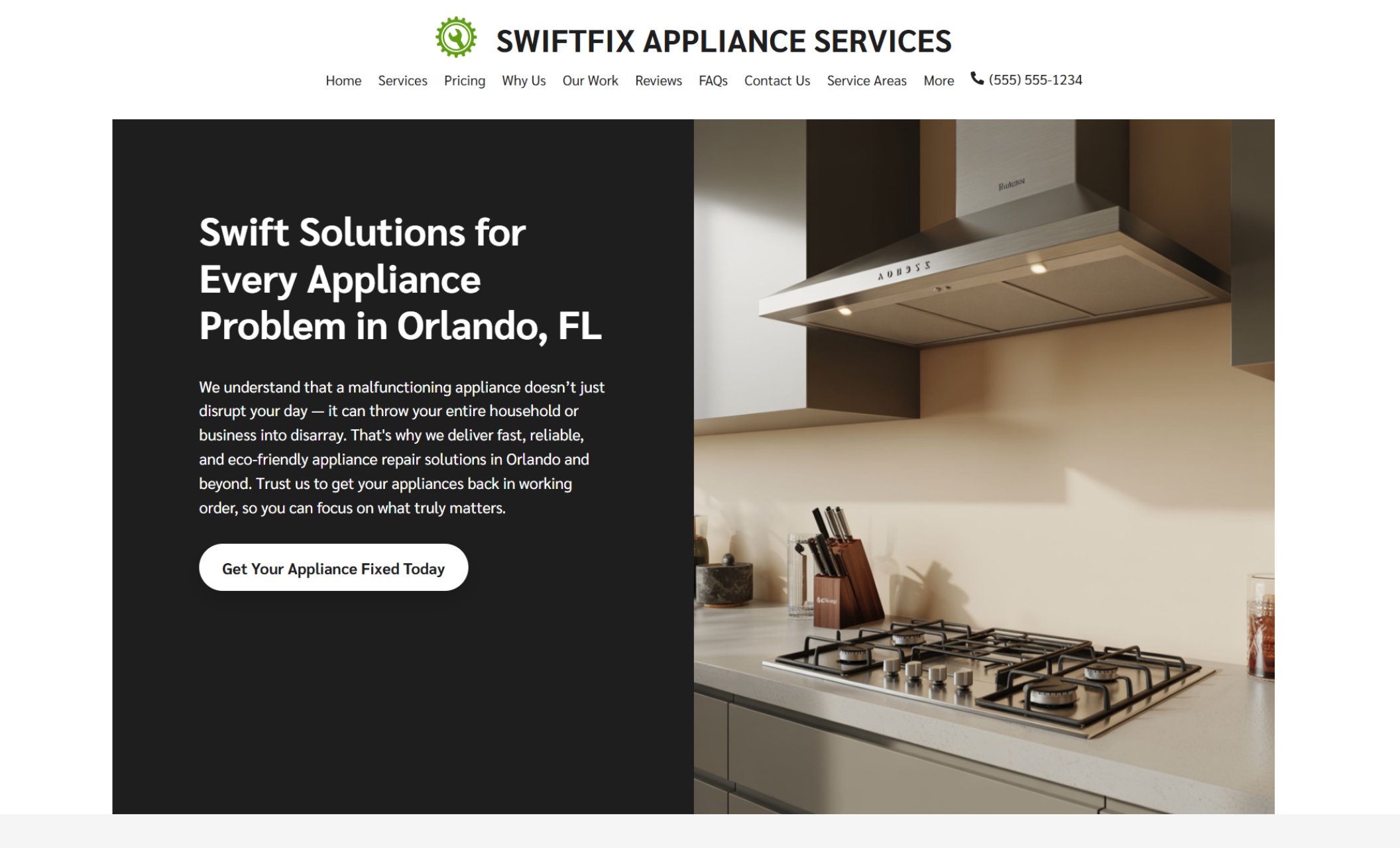 SwiftFix Appliance Services homepage featuring a modern kitchen stove and range hood with the headline “Swift Solutions for Every Appliance Problem in Orlando, FL” and a white button that says “Get Your Appliance Fixed Today.”