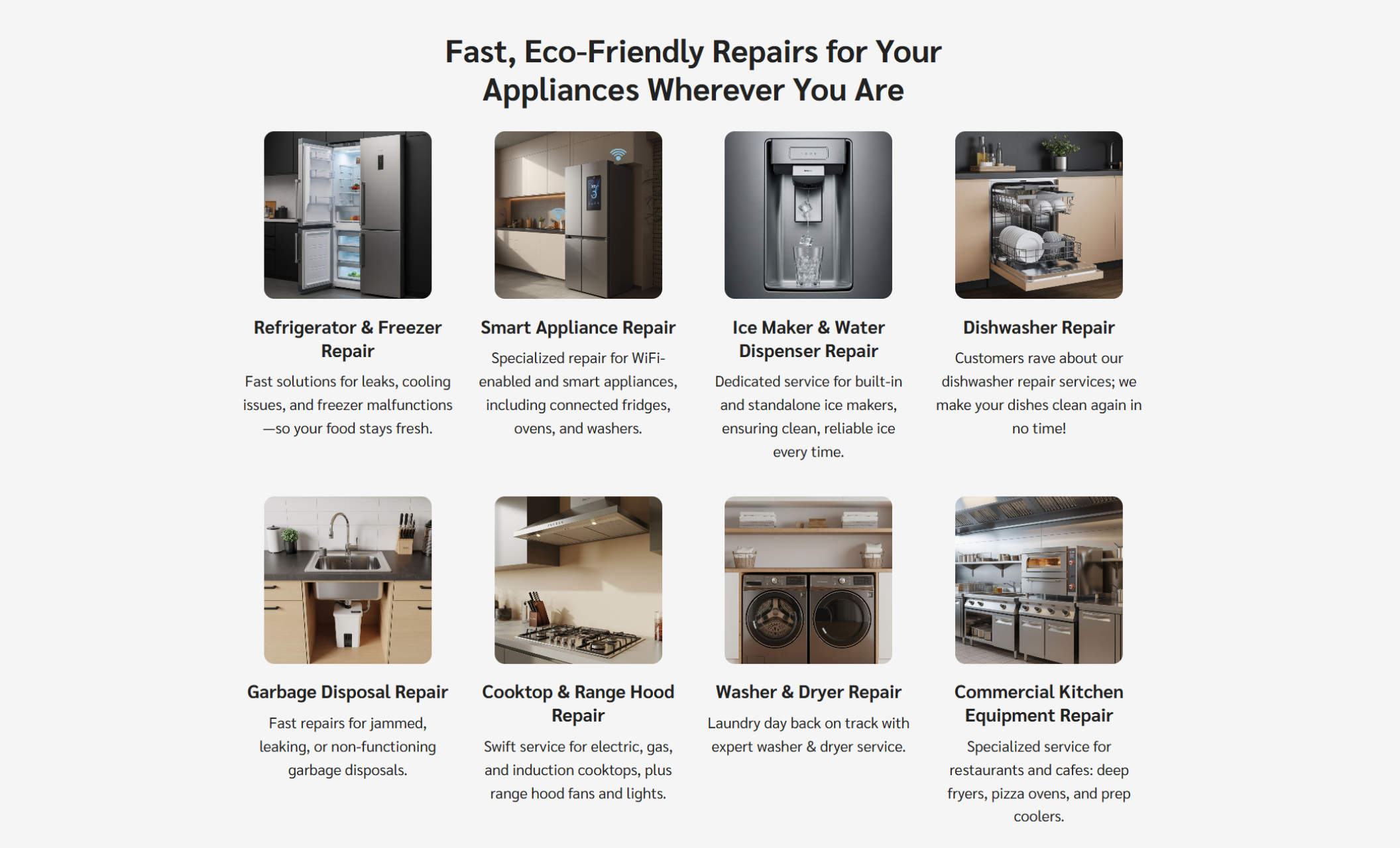 SwiftFix Appliance Services offerings section displaying images and descriptions for eight repair categories, including refrigerators, smart appliances, ice makers, dishwashers, garbage disposals, cooktops, washers and dryers, and commercial kitchen equipment