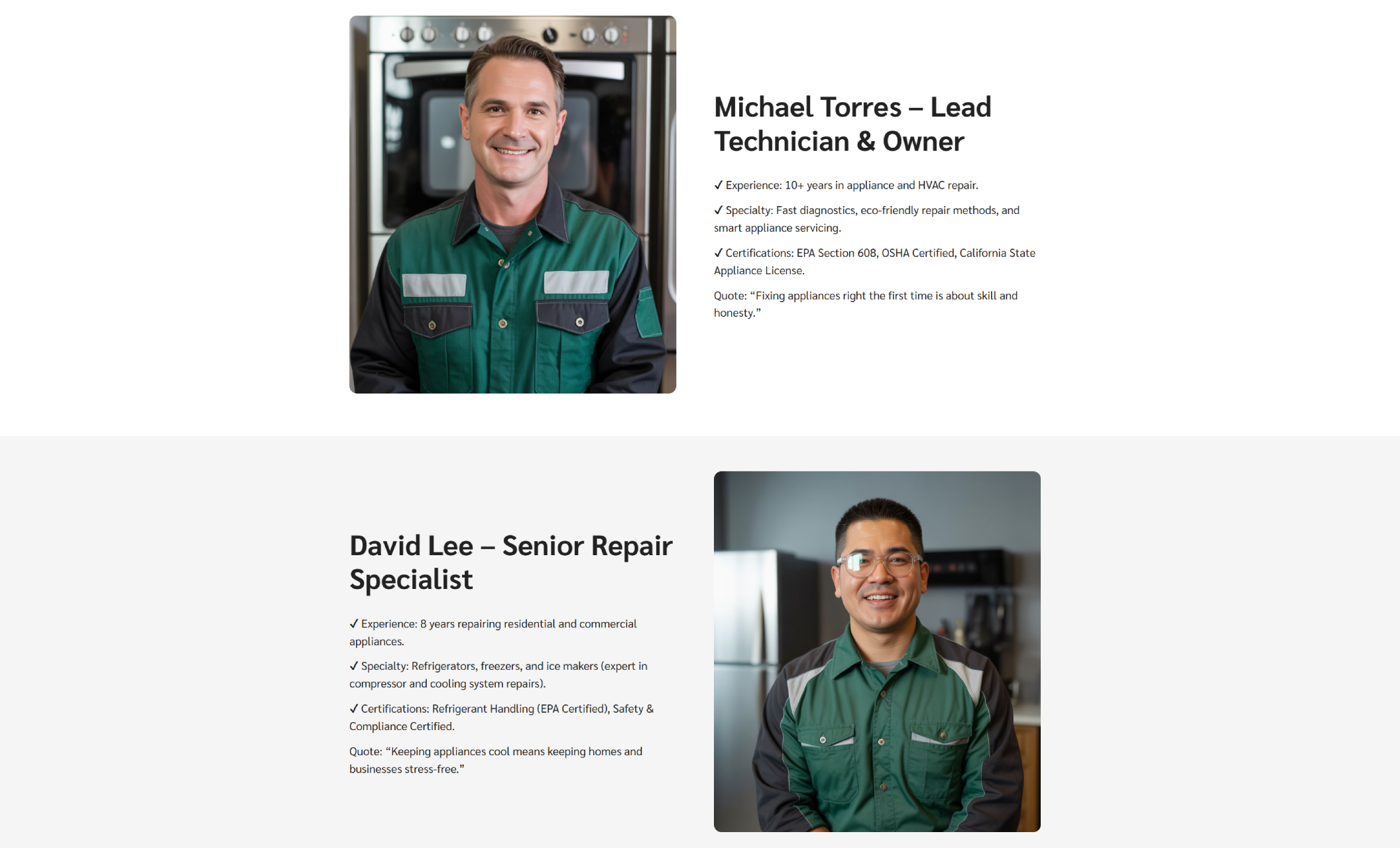 SwiftFix Appliance Services team section featuring Michael Torres, Lead Technician & Owner, and David Lee, Senior Repair Specialist, each shown in uniform with bios, certifications, and personal quotes