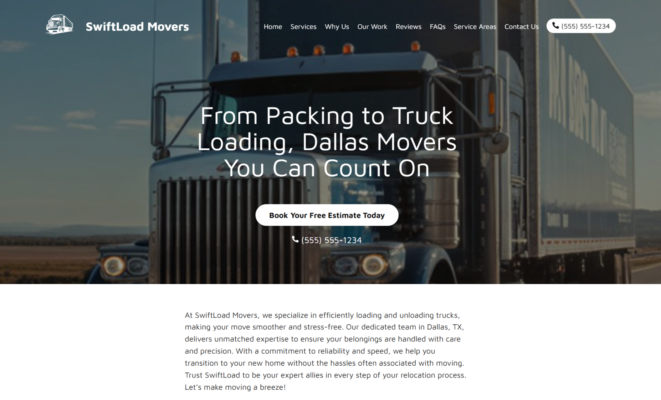 SwiftLoad Movers homepage featuring a large semi-truck on the highway with the headline “From Packing to Truck Loading, Dallas Movers You Can Count On” and a centered white button that says “Book Your Free Estimate Today.”