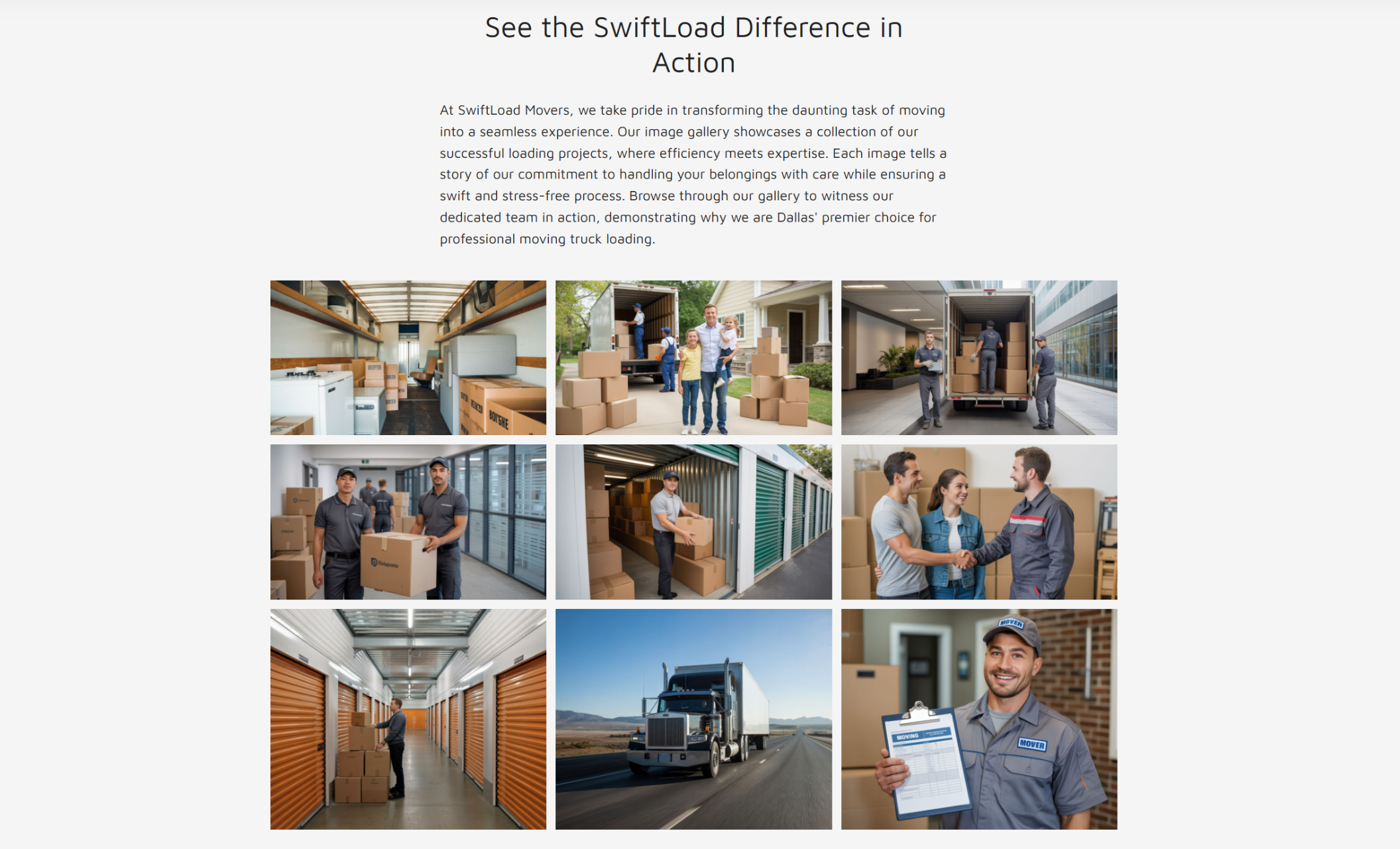 SwiftLoad Movers gallery section displaying a grid of nine photos, including movers packing boxes, loading trucks, assisting families, working in storage units, and holding a moving checklist, beneath the headline “See the SwiftLoad Difference in Action.”