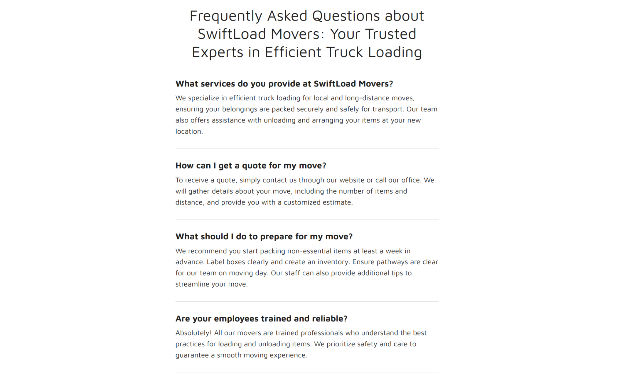 SwiftLoad Movers FAQ section showing a white background with black text answering questions about services, quotes, move preparation, and staff reliability under the headline “Frequently Asked Questions about SwiftLoad Movers: Your Trusted Experts in Efficient Truck Loading.”