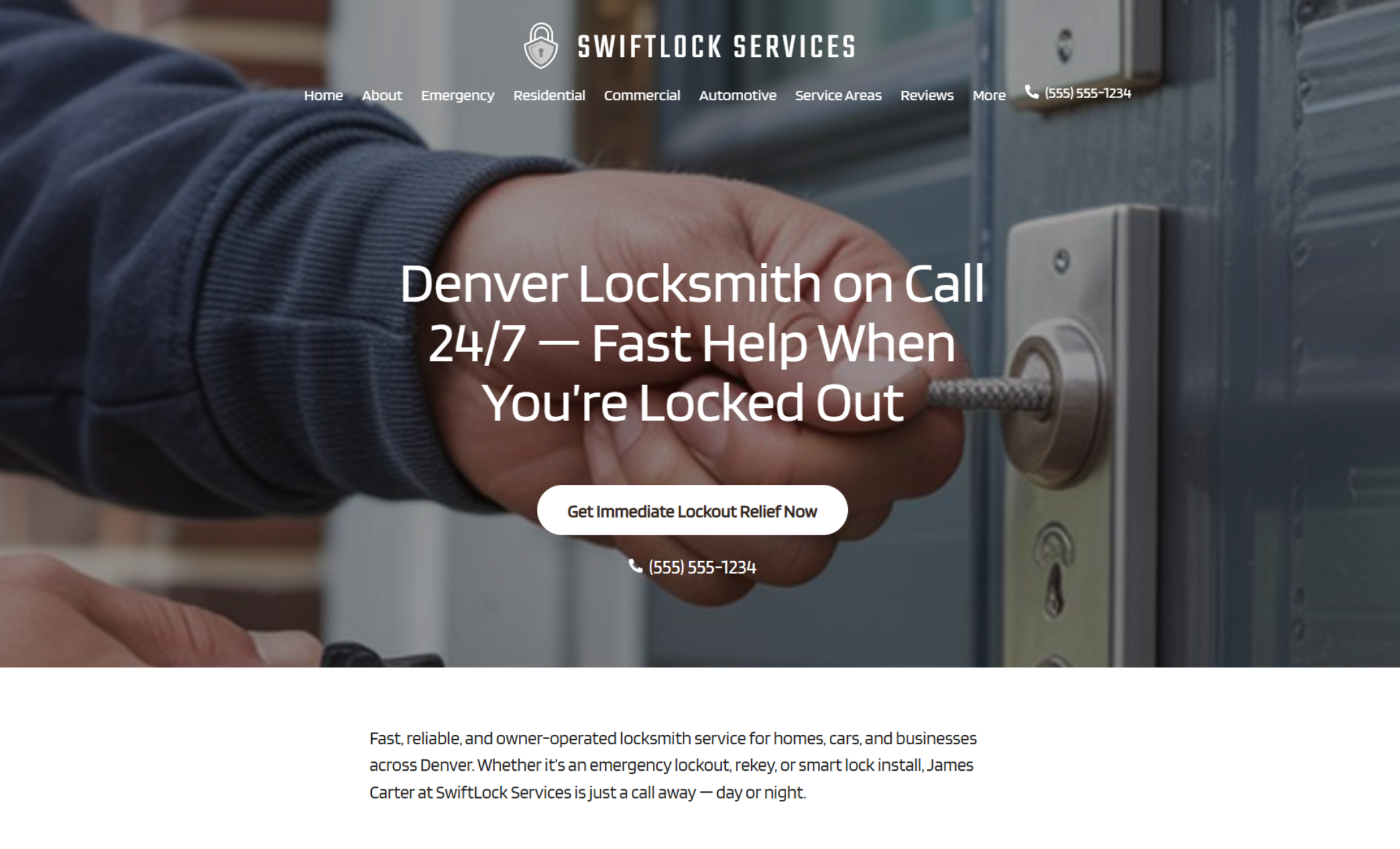 SwiftLock Services homepage showing a close-up of hands turning a key in a door lock with the headline “Denver Locksmith on Call 24/7 — Fast Help When You’re Locked Out” and a white call-to-action button