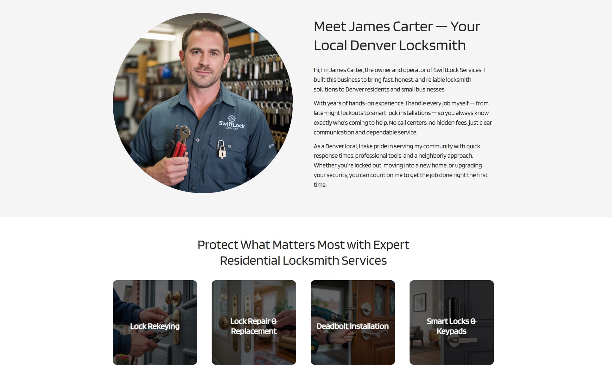 About section with a photo of locksmith James Carter in uniform holding tools, next to text introducing him as the owner of SwiftLock Services and emphasizing fast, honest, and reliable service