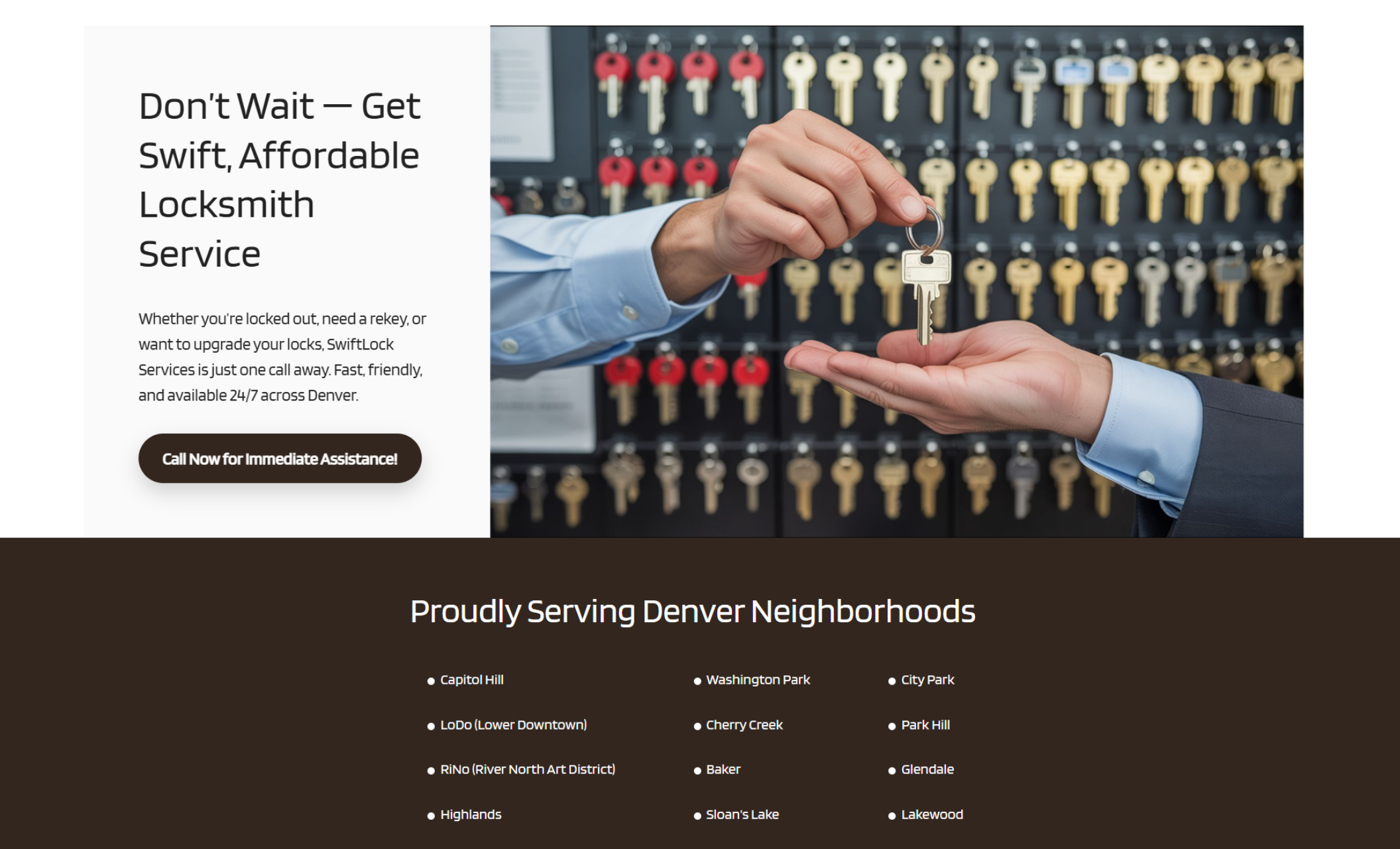 Service callout section showing a hand passing a house key in front of a wall of keys with the headline “Don’t Wait — Get Swift, Affordable Locksmith Service” and a button labeled “Call Now for Immediate Assistance.”