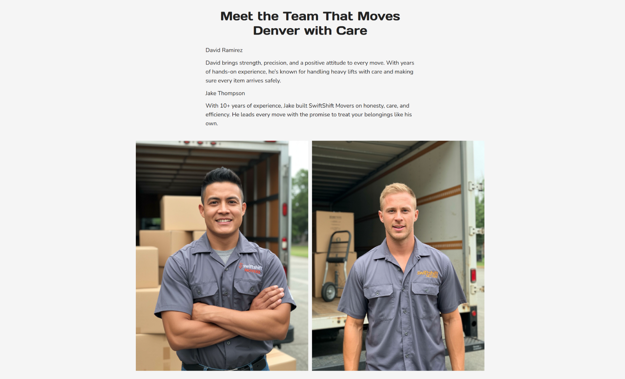 Team introduction section showing side-by-side portraits of movers David Ramirez and Jake Thompson standing in front of open moving trucks, with text highlighting their strength, experience, and customer care