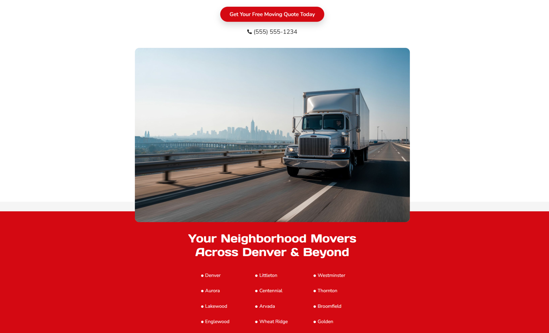 SwiftShift Movers service section showing a moving truck driving on a highway with the Denver skyline in the background, paired with a red footer listing neighborhoods served such as Aurora, Centennial, and Westminster