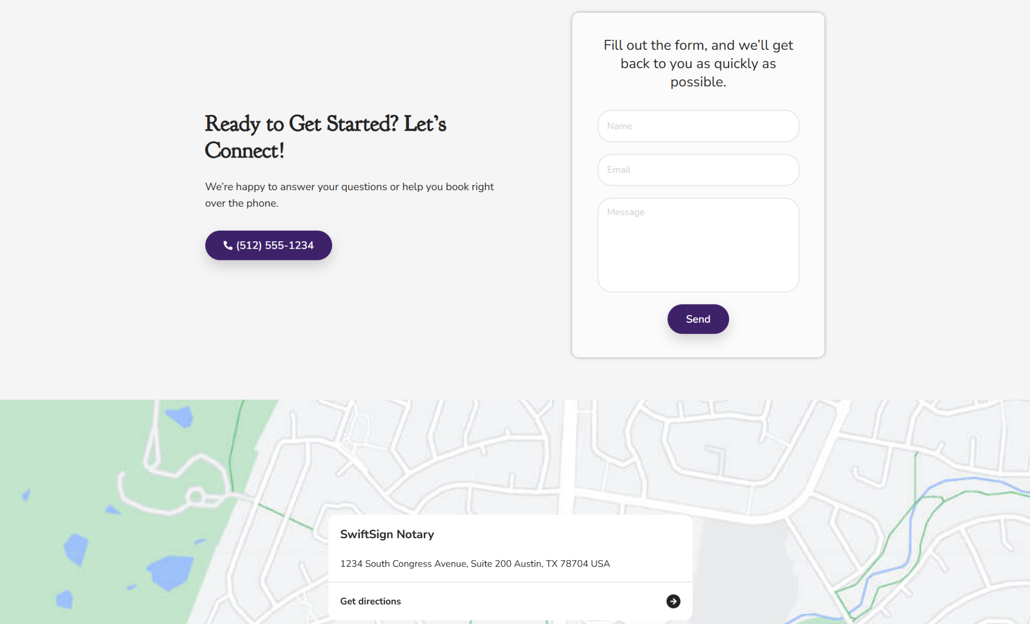 Contact area featuring a “Let’s Connect!” headline with a purple call button, a lead form, and a map showing the SwiftSign Notary address at 1234 South Congress Avenue in Austin, TX