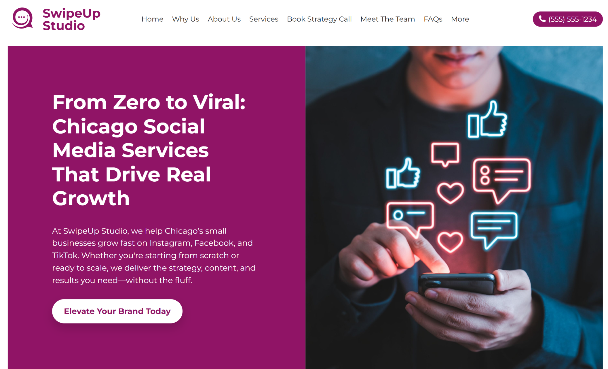 Homepage of SwipeUp Studio with the headline “From Zero to Viral: Chicago Social Media Services That Drive Real Growth” on a bold magenta background beside a photo of a person using a phone with glowing like, heart, and comment icons