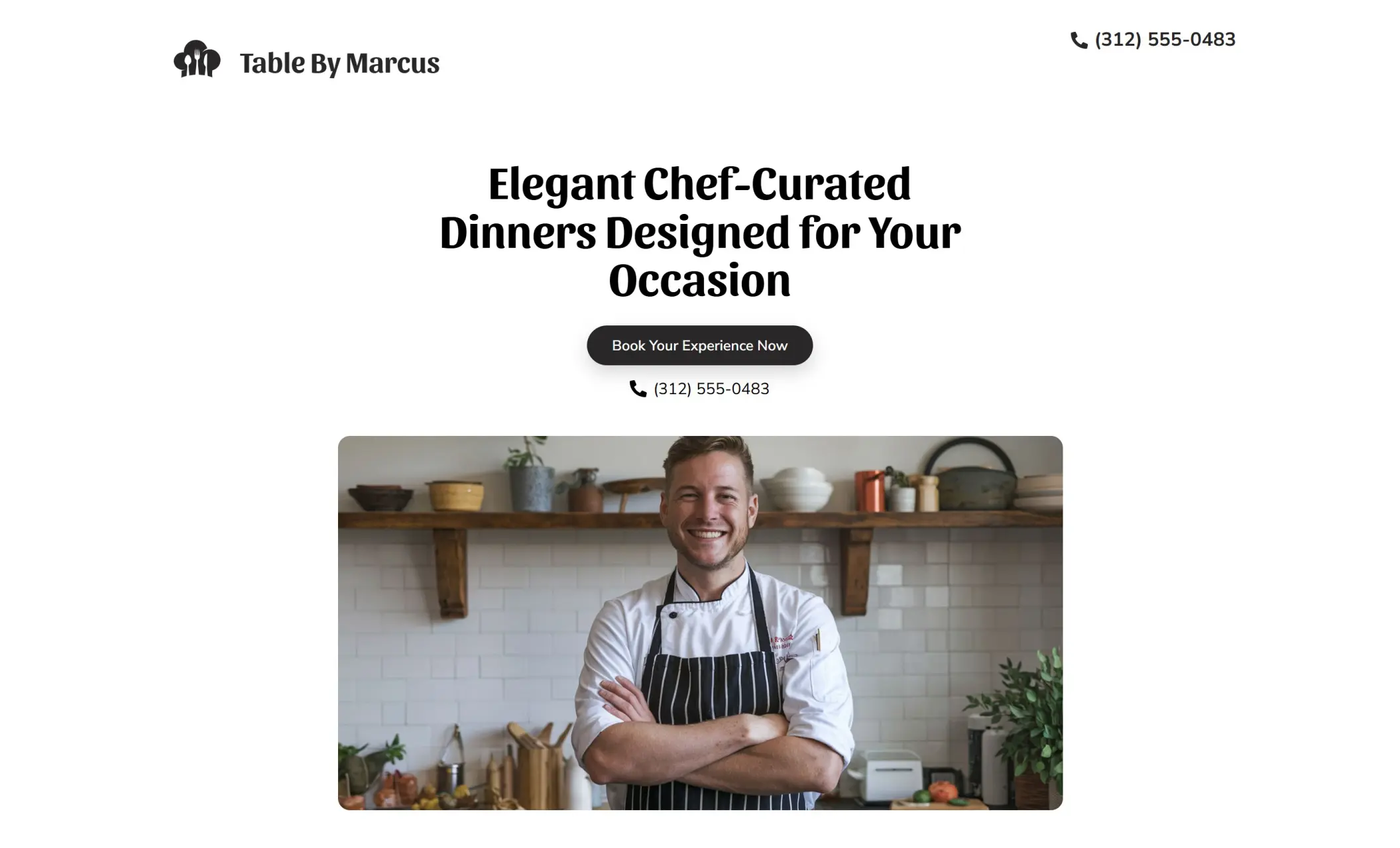 Table by Marcus' homepage featuring the image of a chef smiling, company branding, call-to-action button, and a phone number