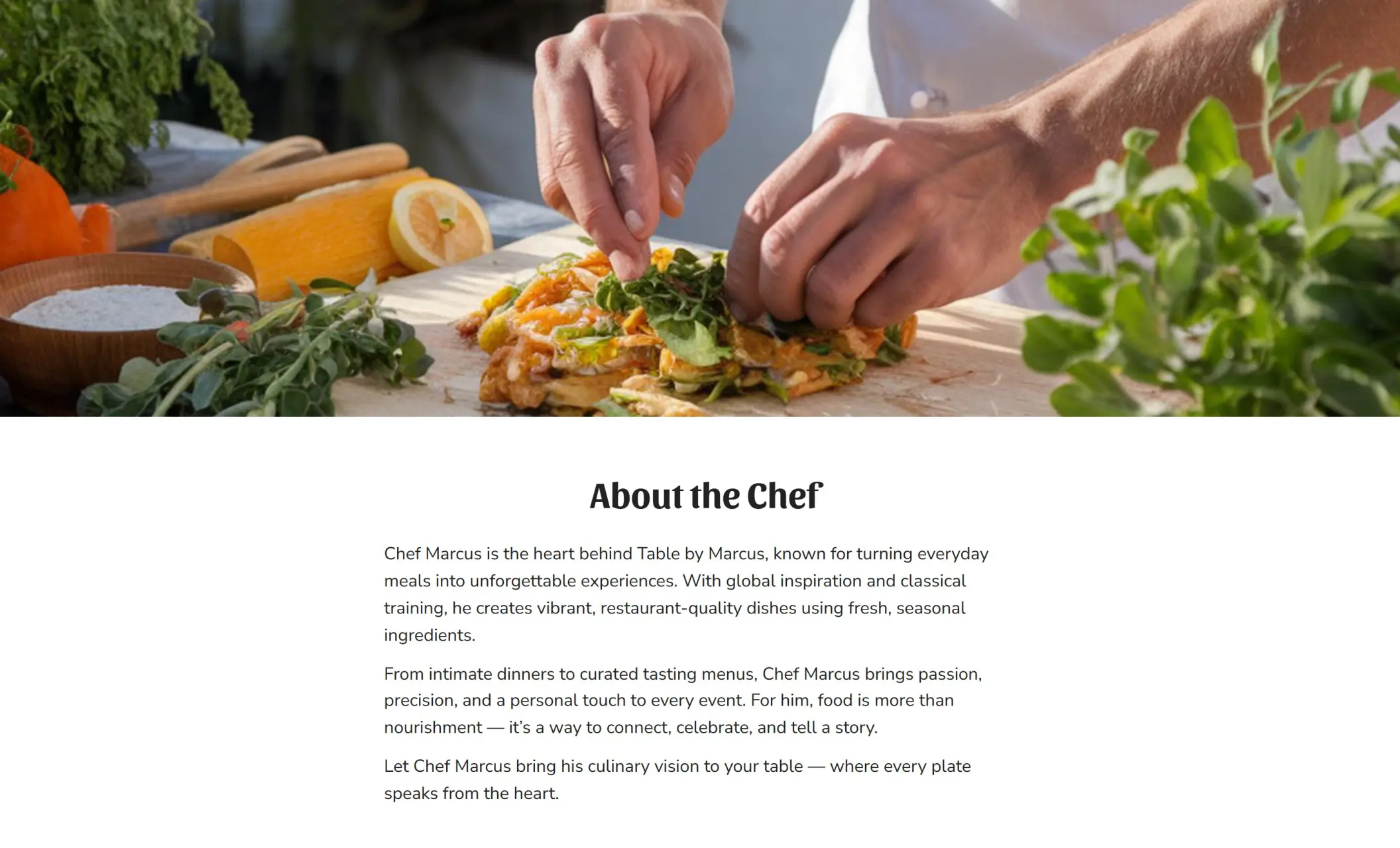 Table by Marcus' website displaying the "About the Chef" section, and the image of a chef preparing a dish
