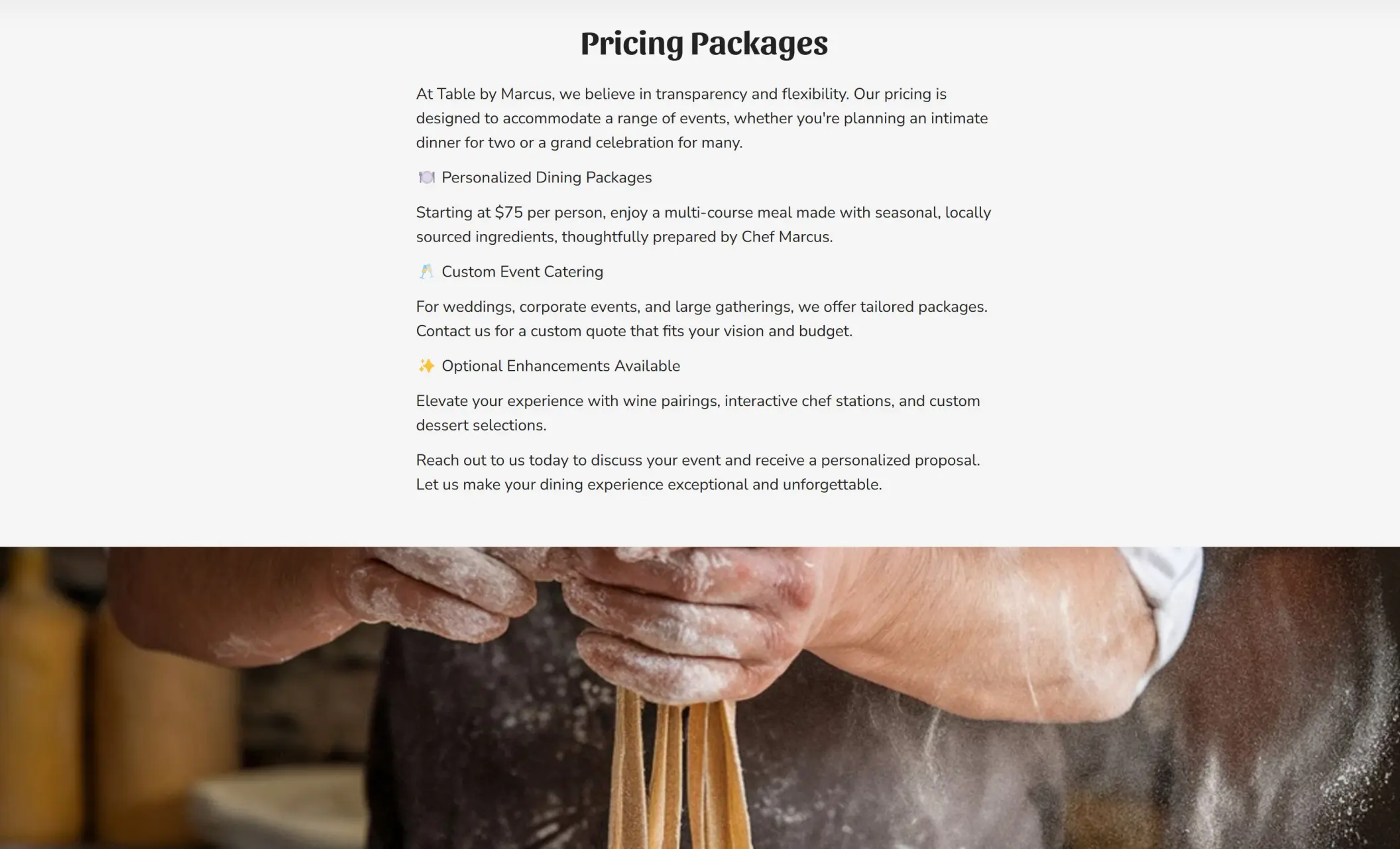 Table by Marcus' website displaying pricing packages, and the image of a chef cooking pasta