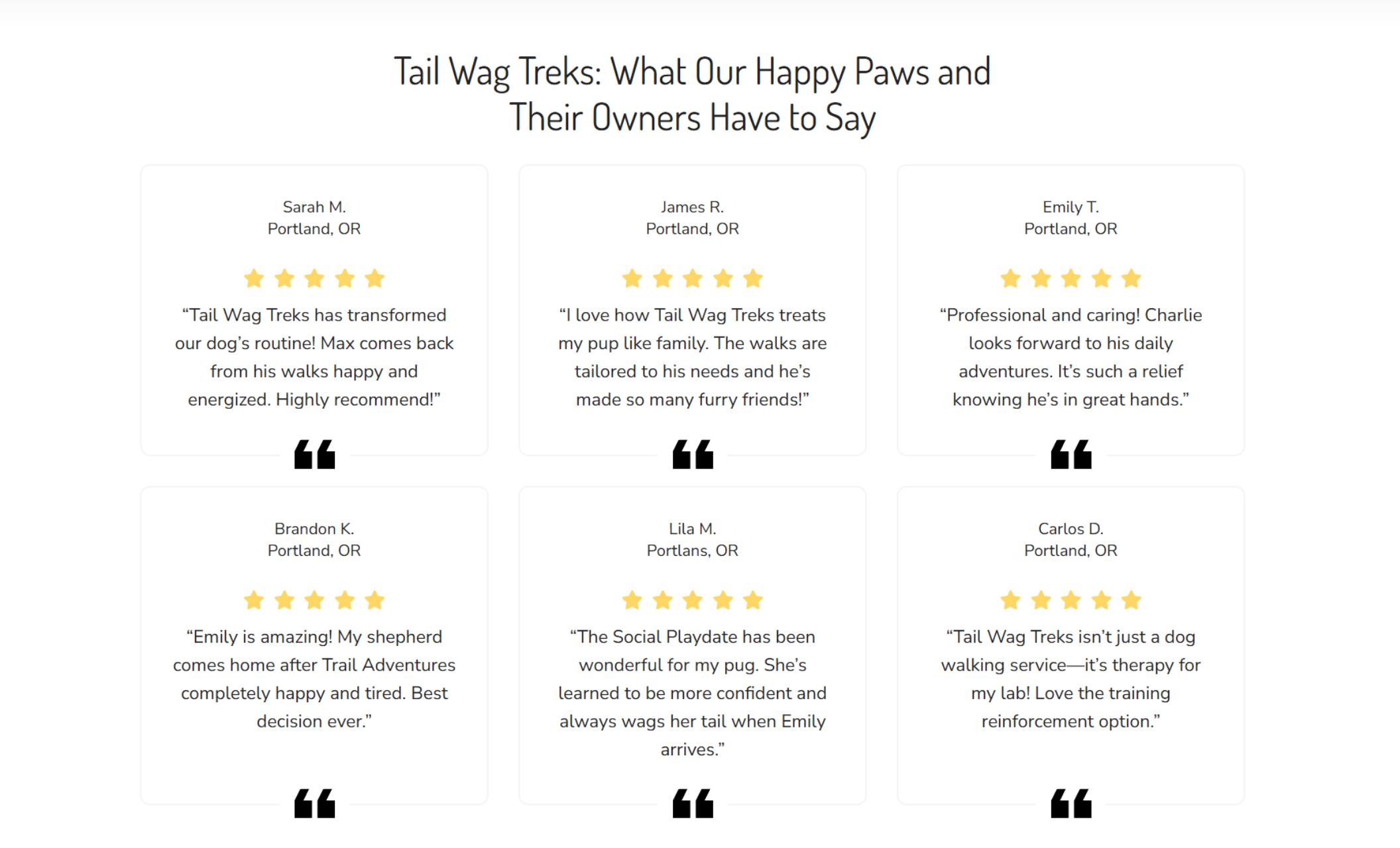 Tail Wag Treks testimonials section featuring six client reviews from Portland, OR pet owners, each with a 5-star rating and quotes praising the service, under the headline “What Our Happy Paws and Their Owners Have to Say.”