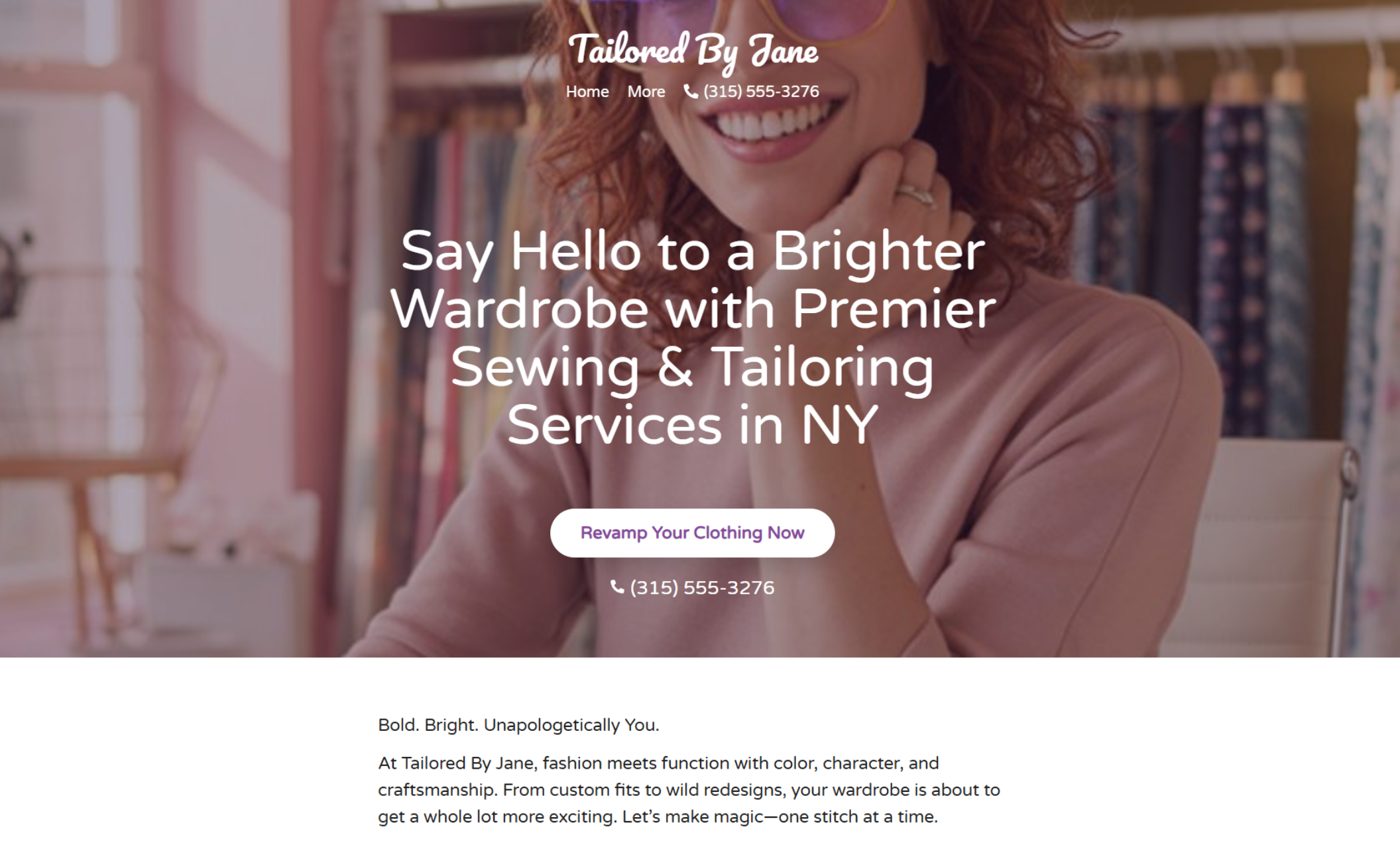 Tailored By Jane homepage featuring a smiling woman in glasses and a pink sweater, framed by colorful rolls of fabric, with the headline “Say Hello to a Brighter Wardrobe with Premier Sewing & Tailoring Services in NY” and a magenta button reading “Revamp Your Clothing Now.”