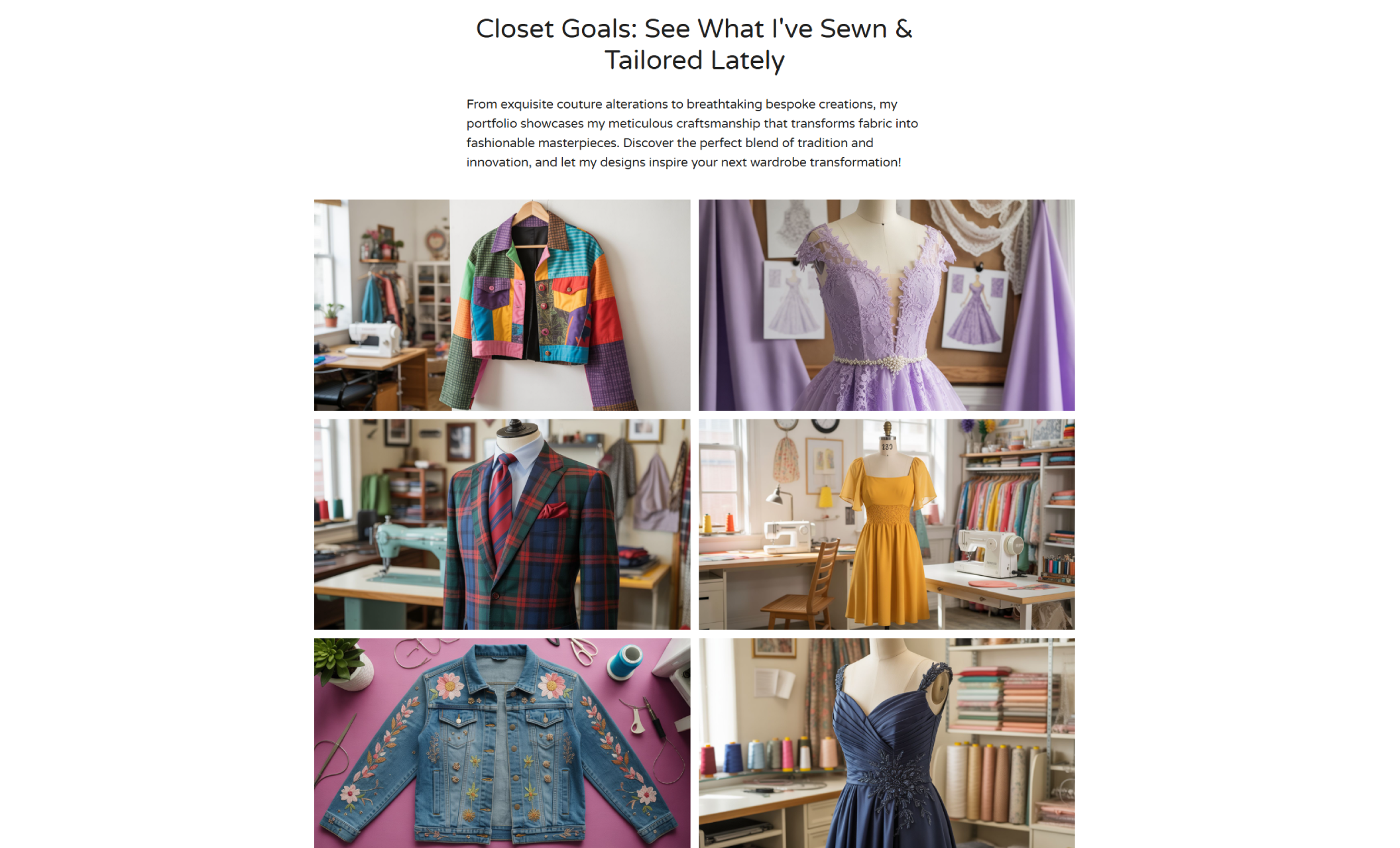 Tailored By Jane portfolio section titled “Closet Goals: See What I’ve Sewn & Tailored Lately” displaying a colorful grid of garments including a patchwork jacket, lilac lace gown, plaid suit, mustard yellow dress, embroidered denim jacket, and navy evening gown