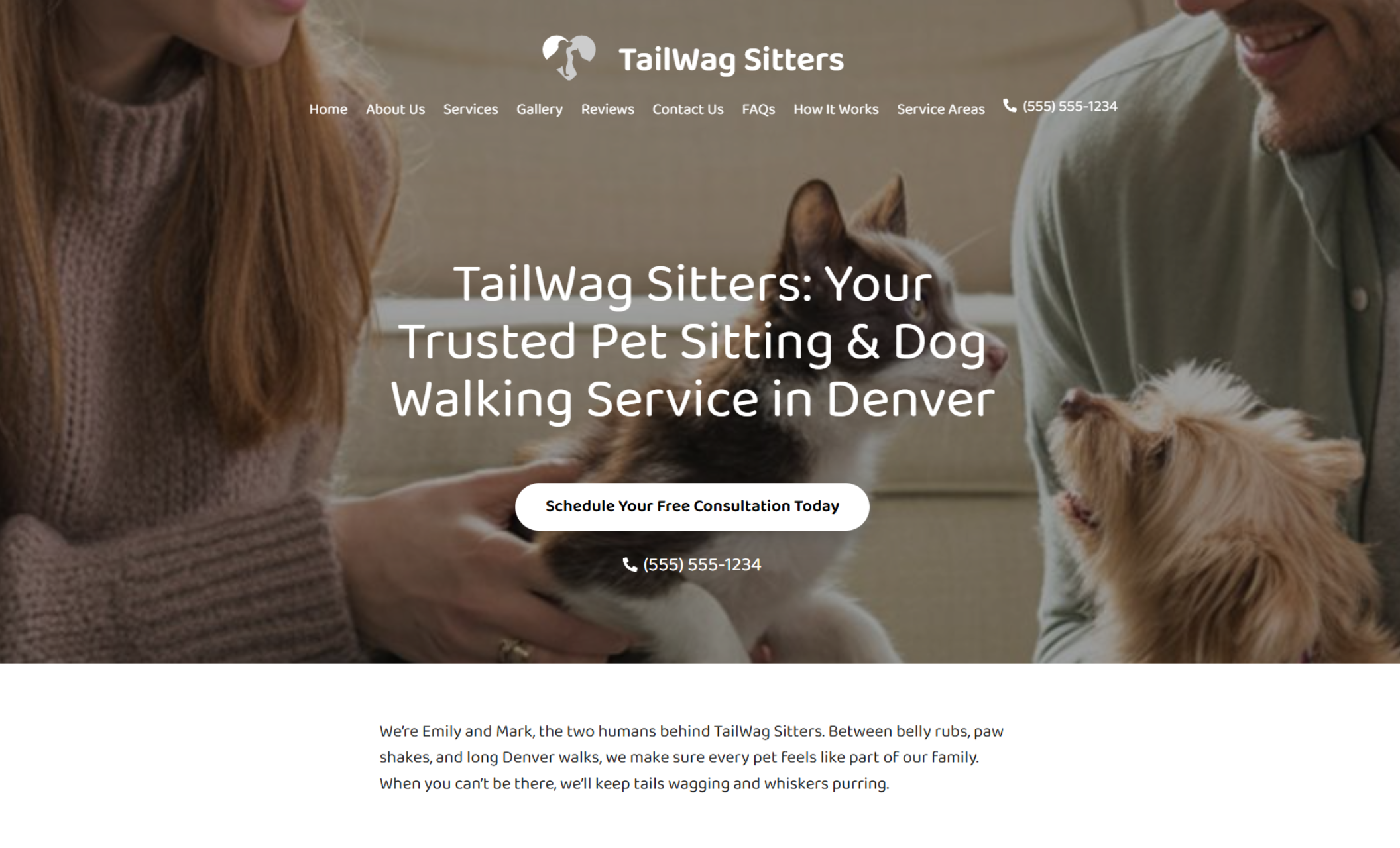 Homepage of TailWag Sitters featuring a smiling couple holding a puppy and a kitten, with the headline “TailWag Sitters: Your Trusted Pet Sitting & Dog Walking Service in Denver” and a call-to-action button that says “Schedule Your Free Consultation Today.”
