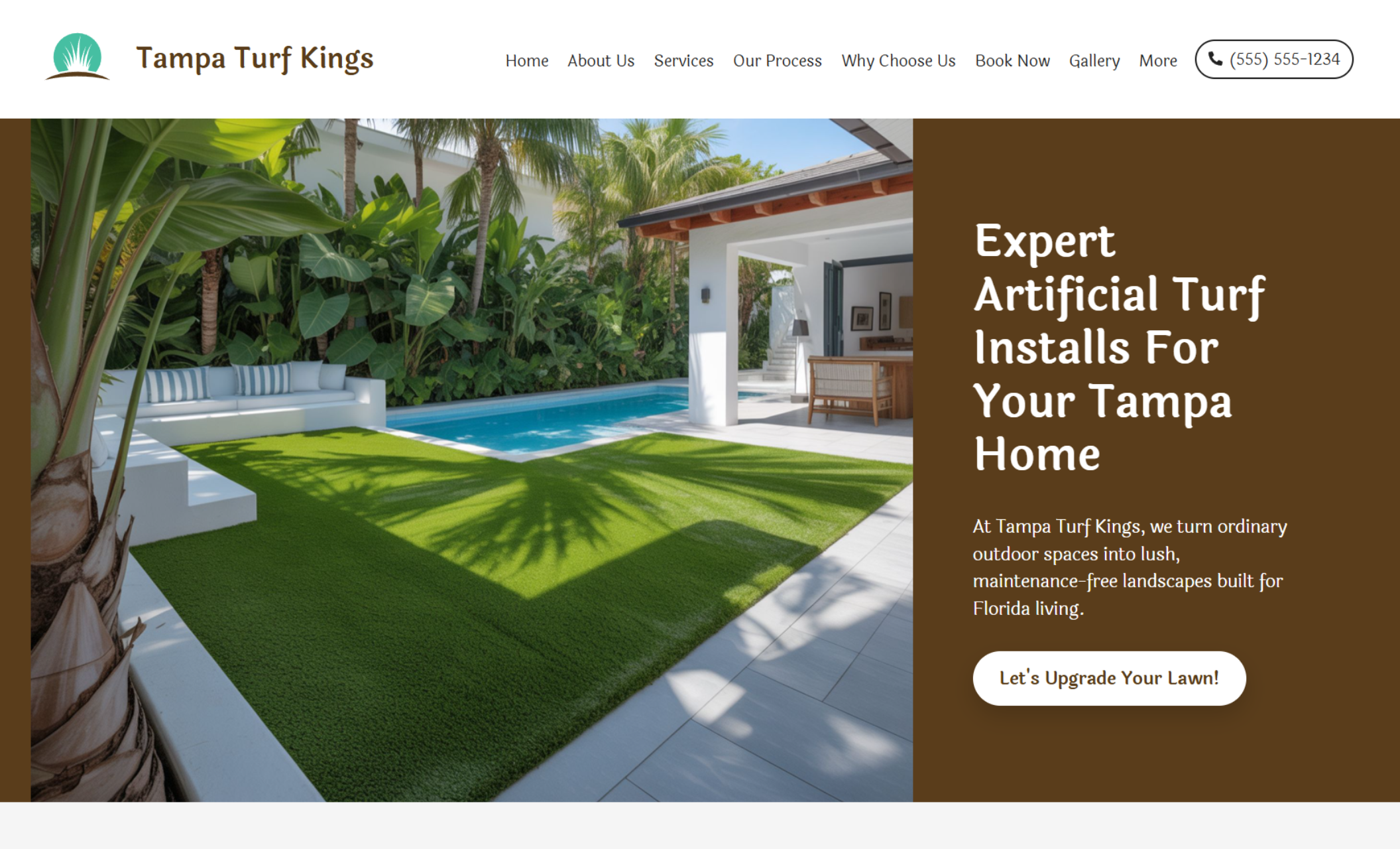 Tampa Turf Kings homepage showing a lush backyard turf installation beside the headline “Expert Artificial Turf Installs For Your Tampa Home” and a “Let’s Upgrade Your Lawn!” button