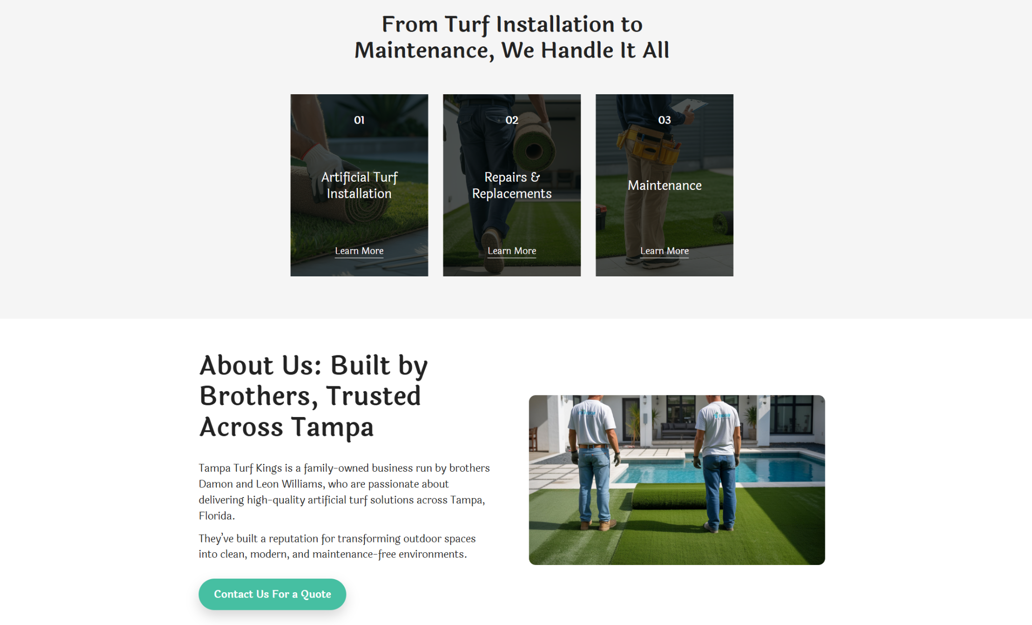 Tampa Turf Kings services and about page highlighting installation, repairs, and maintenance cards alongside a family-owned story section with an image of two team members