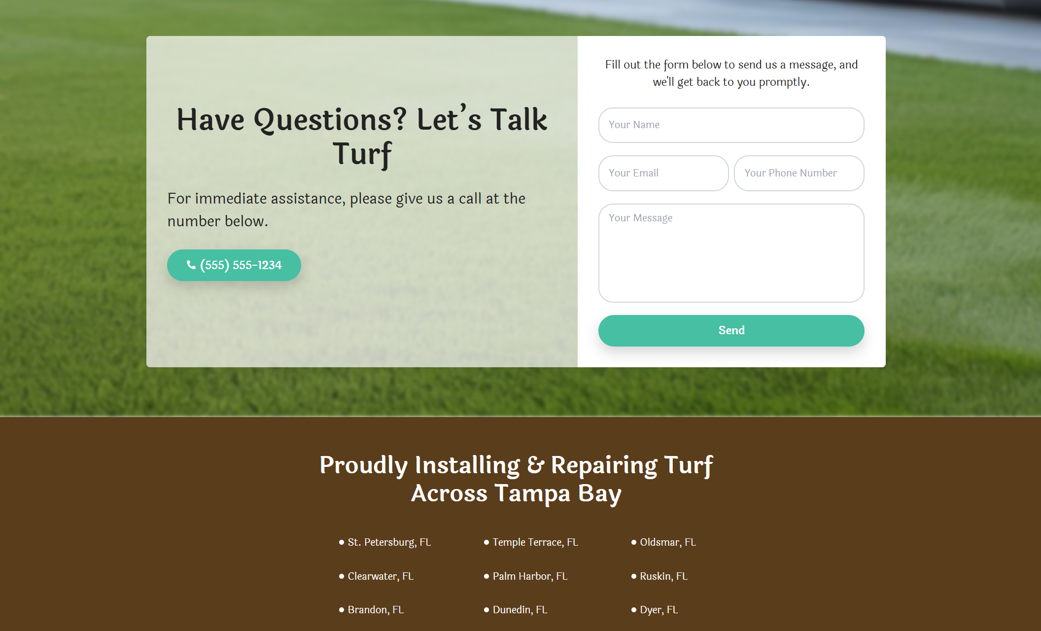 Tampa Turf Kings contact section featuring the headline “Have Questions? Let’s Talk Turf,” a phone CTA button, service areas list, and a clean message form