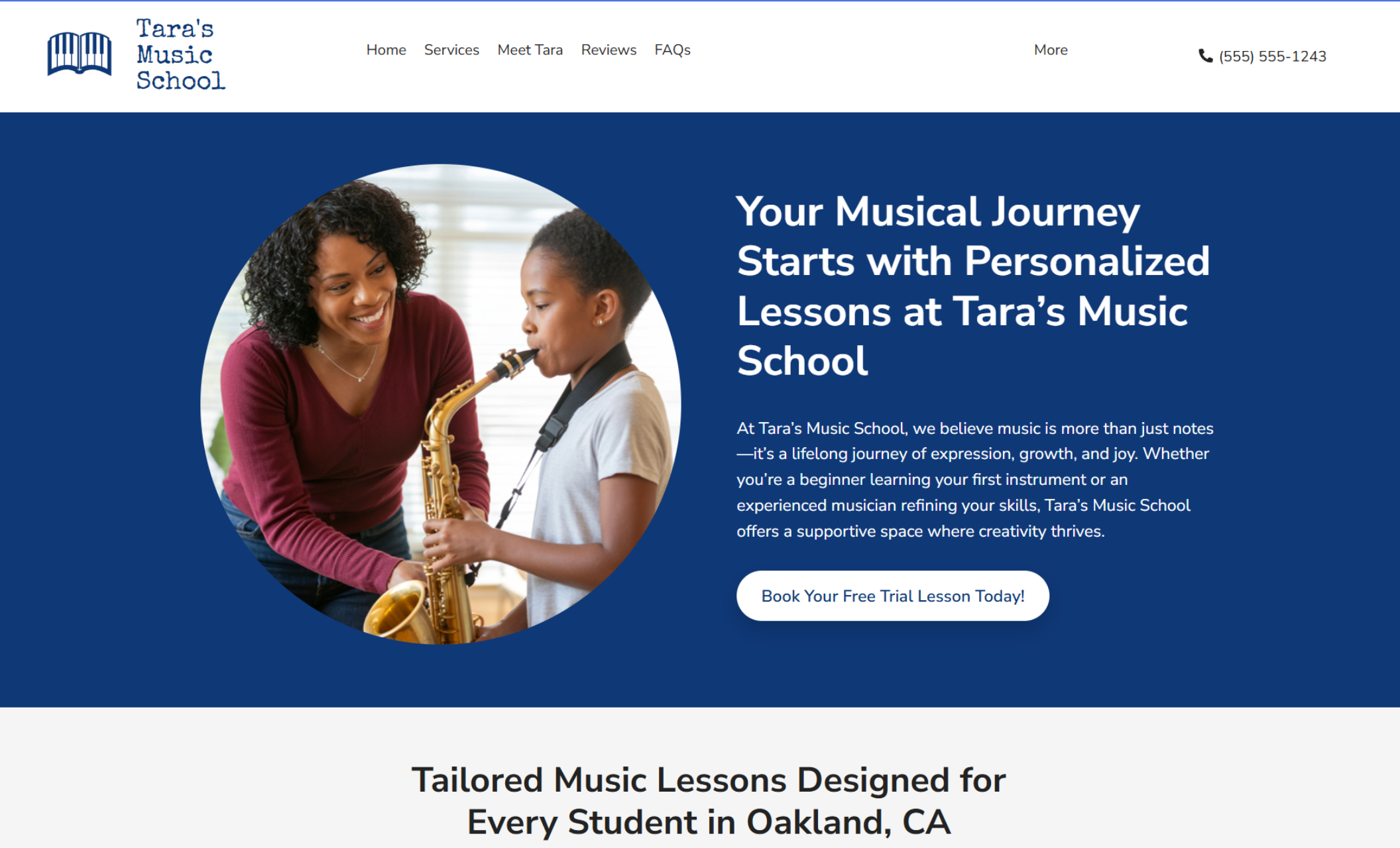 Tara’s Music School homepage featuring a smiling teacher guiding a young boy on the saxophone, beside the headline “Your Musical Journey Starts with Personalized Lessons at Tara’s Music School” and a white button that says “Book Your Free Trial Lesson Today.”