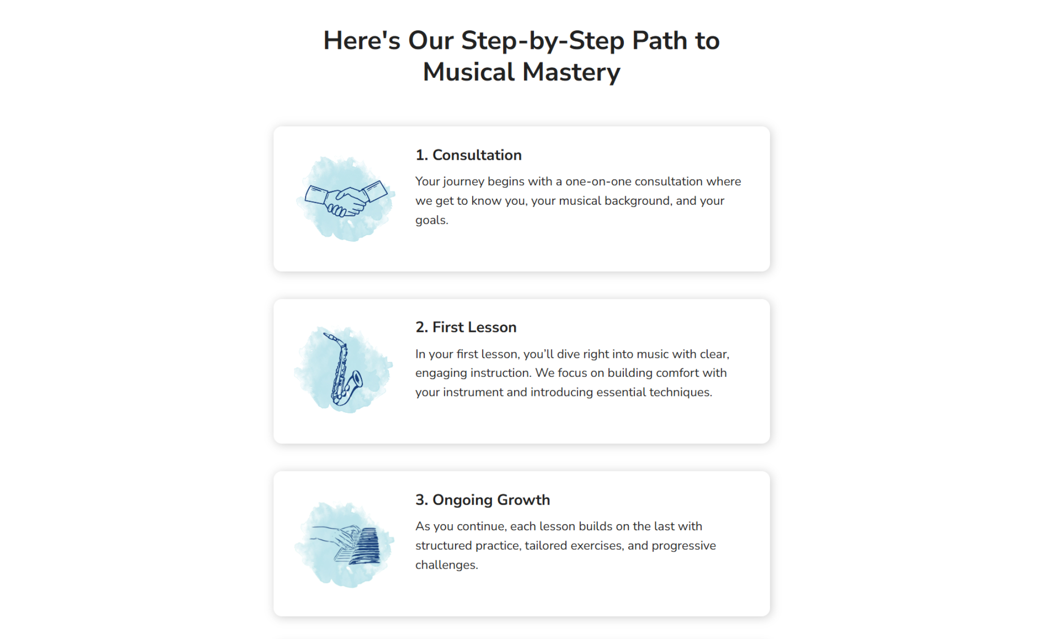 Tara’s Music School webpage showing a three-step illustrated path to learning music (“Consultation,” “First Lesson,” and “Ongoing Growth”) with watercolor-style icons of a handshake, saxophone, and piano