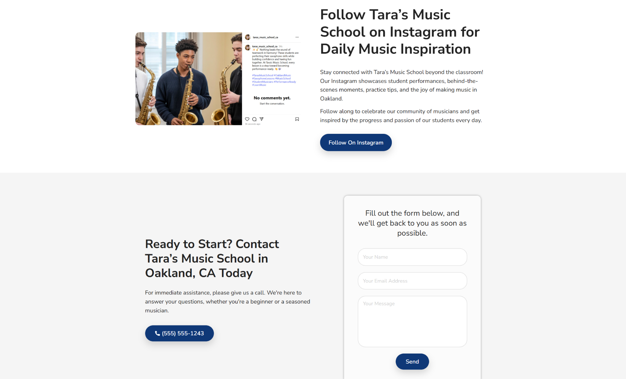 Tara’s Music School webpage showing an Instagram preview of three saxophone players, alongside the headline “Follow Tara’s Music School on Instagram for Daily Music Inspiration” and a contact form with a blue “Send” button