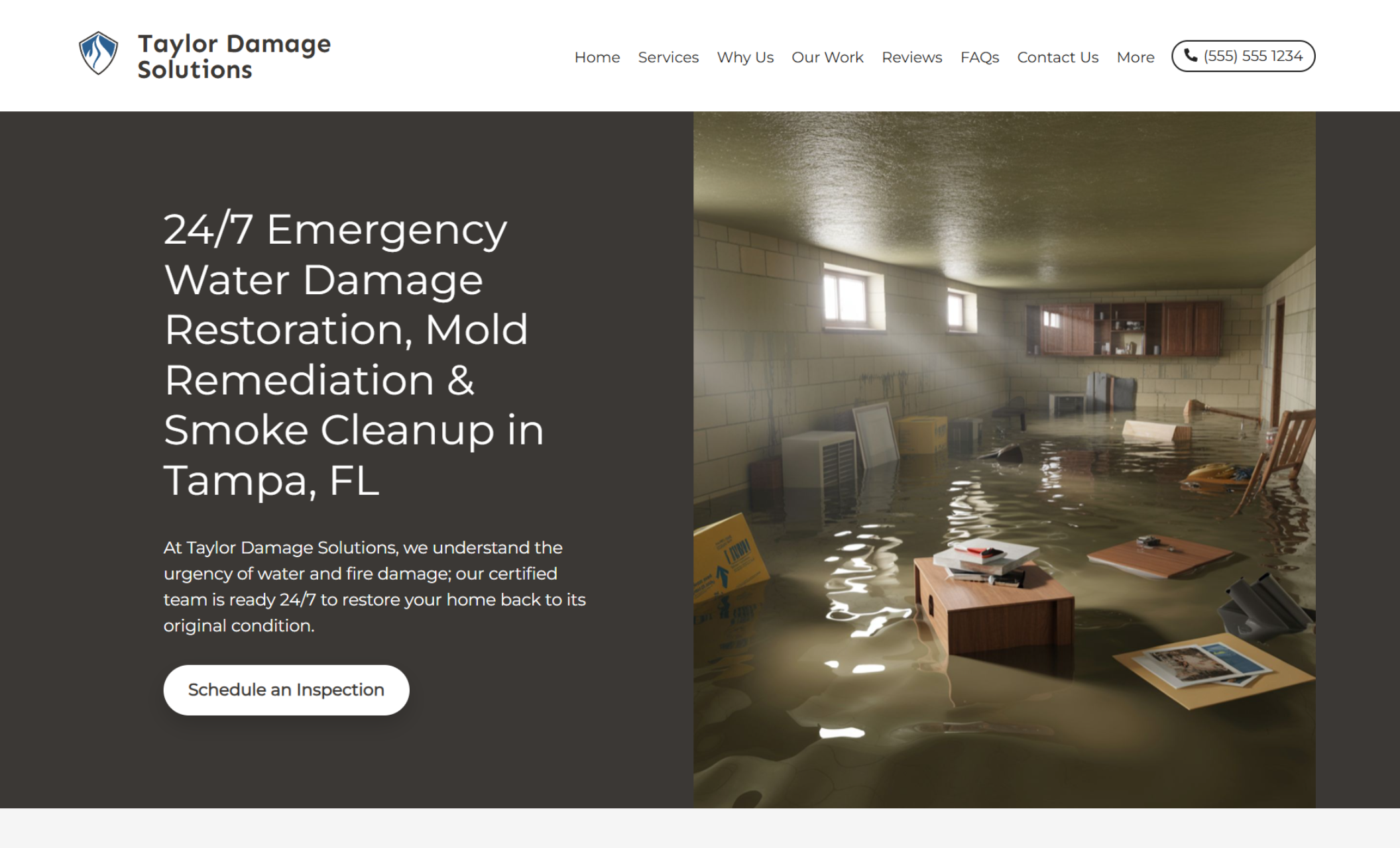 Taylor Damage Solutions homepage showing a flooded basement beside the headline “24/7 Emergency Water Damage Restoration, Mold Remediation & Smoke Cleanup in Tampa, FL” with a “Schedule an Inspection” button