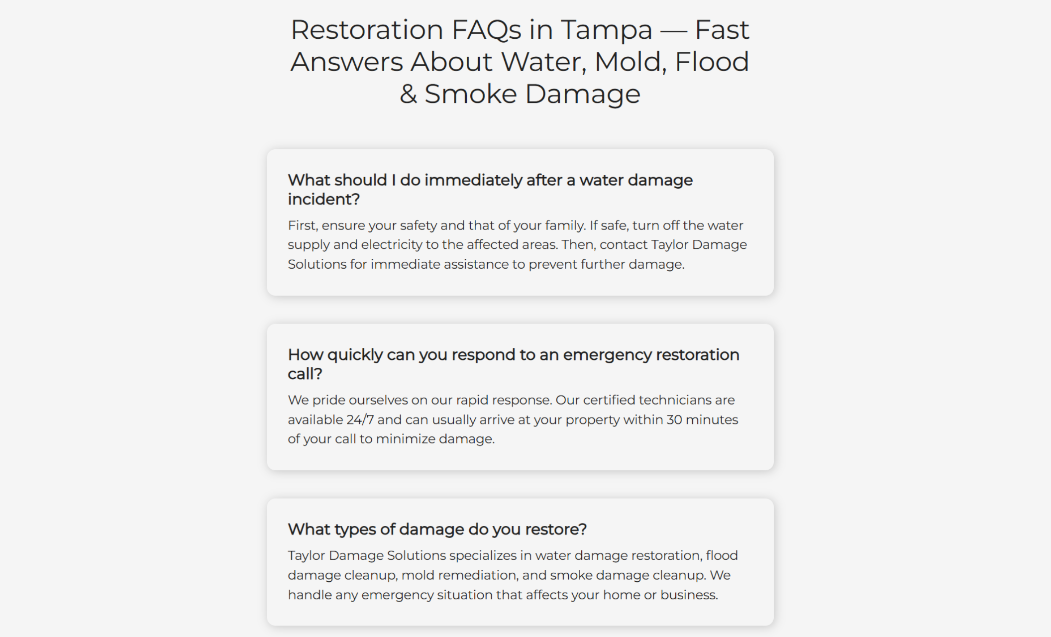 Taylor Damage Solutions website FAQ section titled “Restoration FAQs in Tampa — Fast Answers About Water, Mold, Flood & Smoke Damage,” displaying expandable questions about emergency response, restoration services, and water damage safety