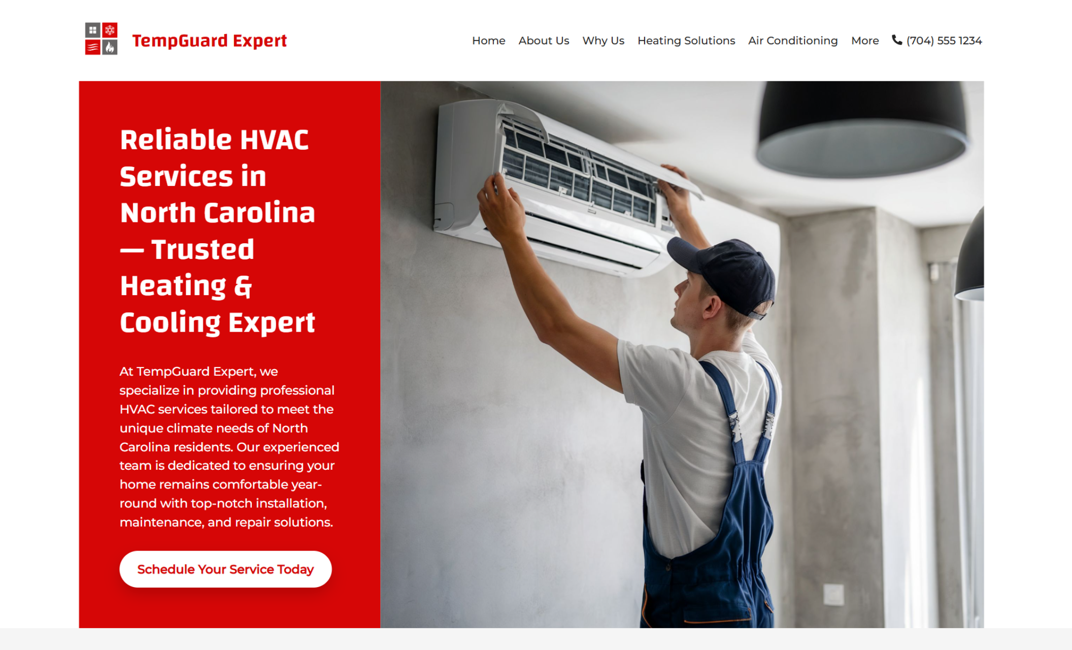 TempGuard Expert homepage featuring a technician in a cap and overalls installing a wall-mounted air conditioning unit beside a bold red banner with the headline “Reliable HVAC Services in North Carolina — Trusted Heating & Cooling Expert.”
