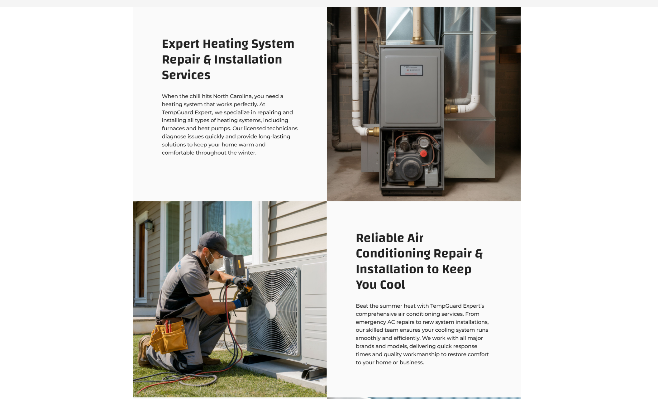 TempGuard Expert service page showing a headline about heating and air conditioning repair, with a photo of a residential furnace system at the top and a technician working on an outdoor AC unit at the bottom