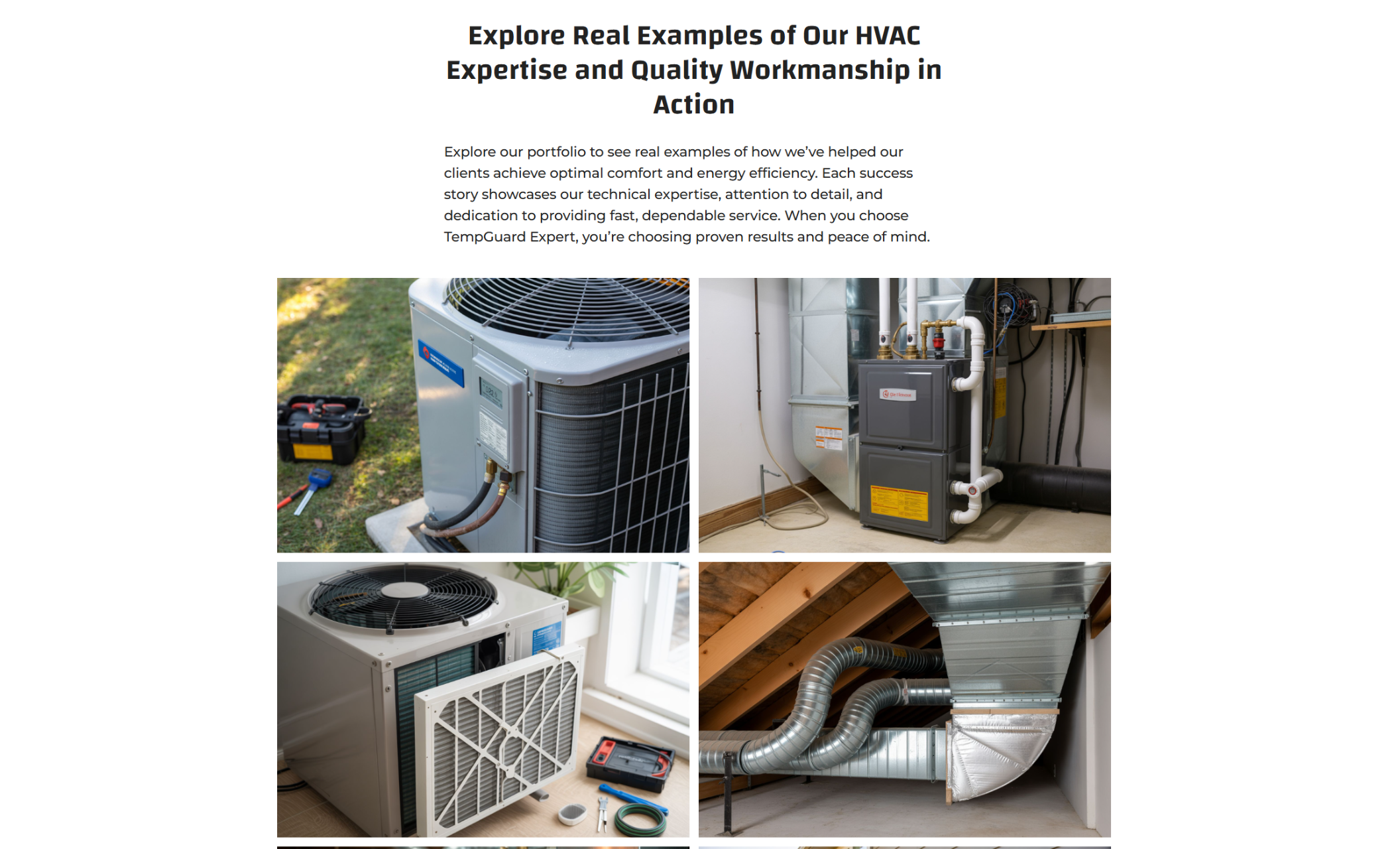 TempGuard Expert portfolio page featuring four photos of HVAC equipment, including outdoor AC units with tools, an indoor furnace system, ductwork in an attic, and a unit with a filter panel removed, alongside a headline about quality workmanship in action