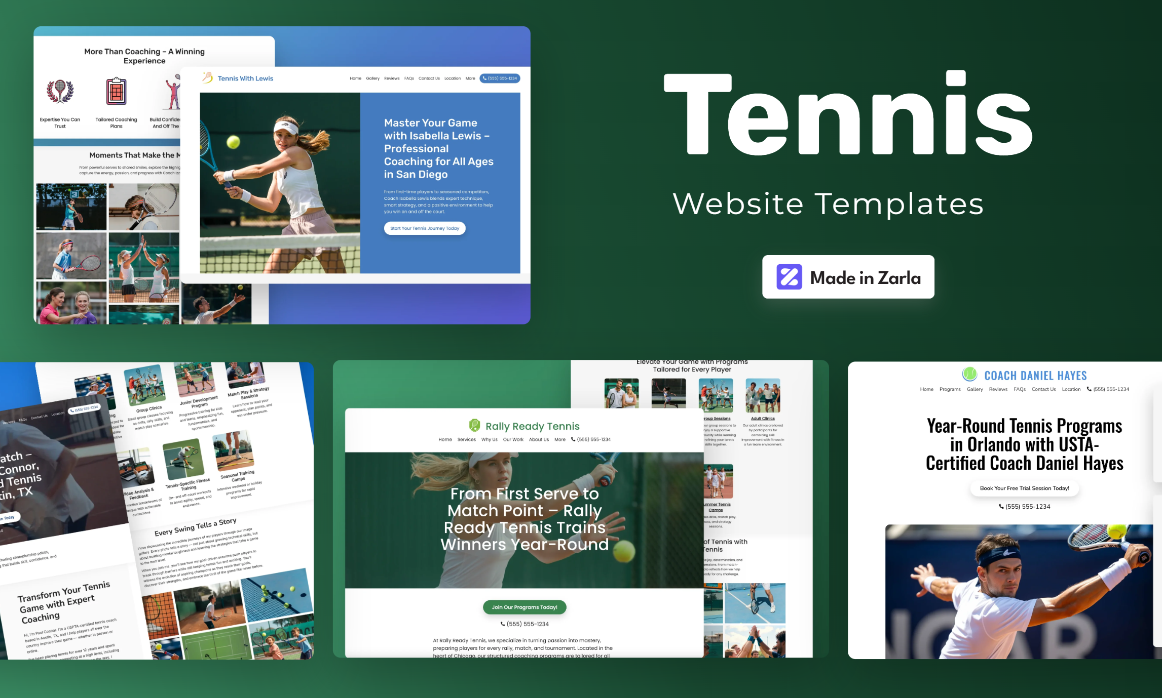 Collection of tennis website templates created with Zarla
