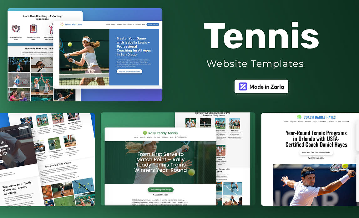 Collection of tennis website templates created with Zarla