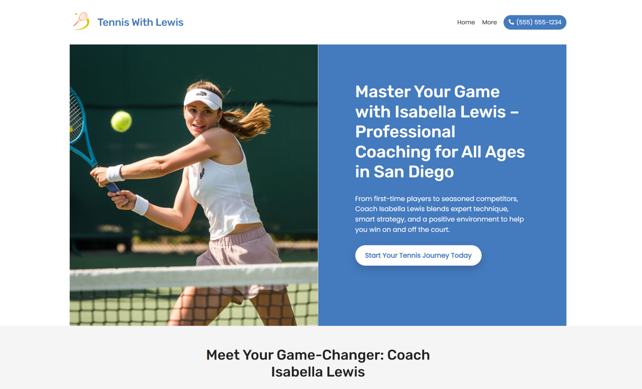 Homepage hero section for “Tennis With Lewis” showing a female tennis player mid-swing beside the headline “Master Your Game with Isabella Lewis – Professional Coaching for All Ages in San Diego” and a blue call-to-action button that reads “Start Your Tennis Journey Today.”
