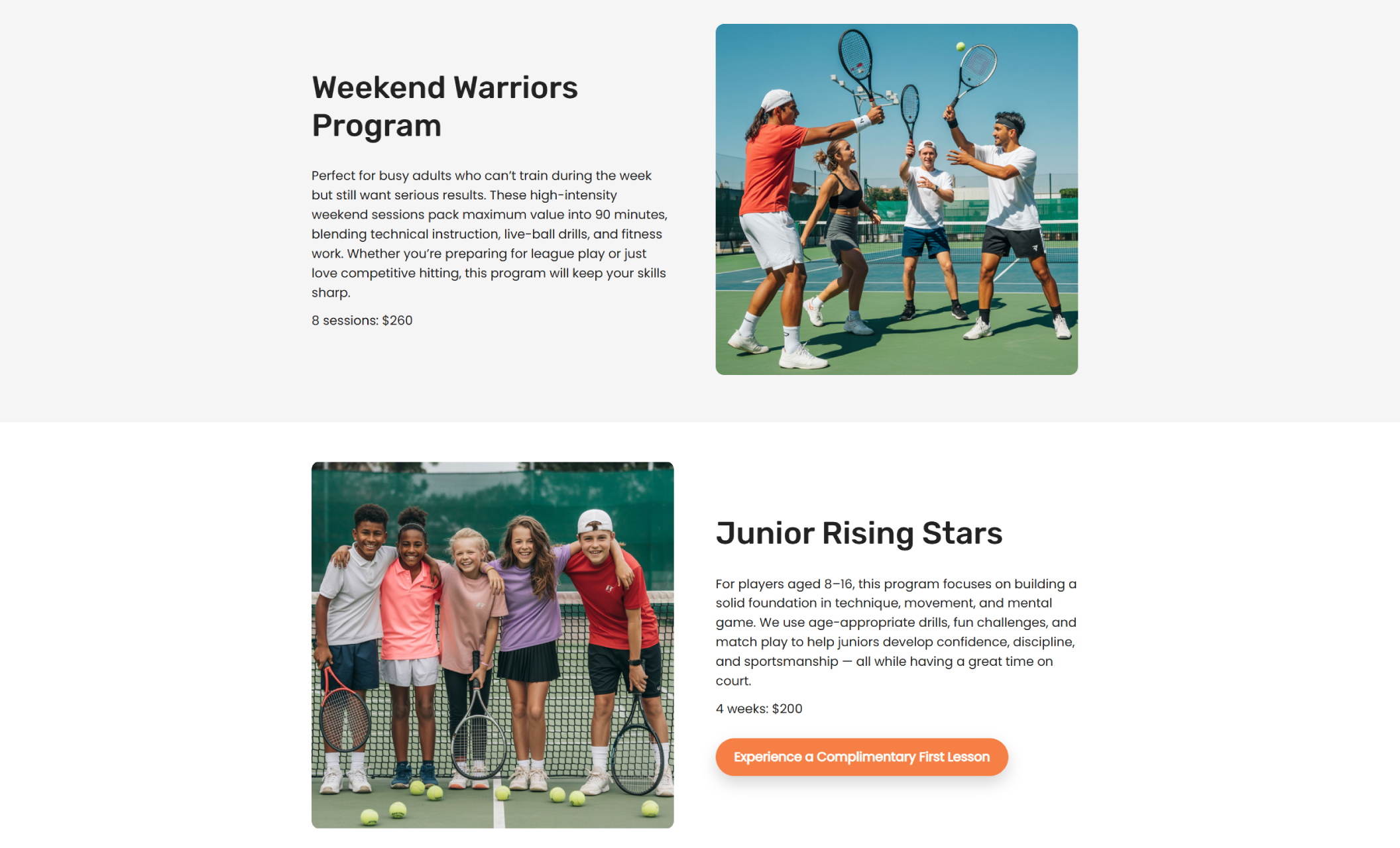 Tennis coaching website section presenting program options, with “Weekend Warriors Program” describing high-intensity adult training priced at $260 and “Junior Rising Stars” outlining youth lessons for ages 8–16 priced at $200, each paired with group tennis photos
