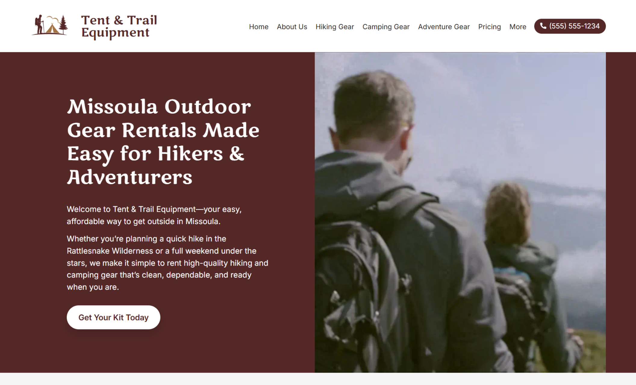 Tent & Trail Equipment homepage hero featuring the headline “Missoula Outdoor Gear Rentals Made Easy for Hikers & Adventurers,” with a photo of hikers wearing backpacks and a white button that says “Get Your Kit Today.”