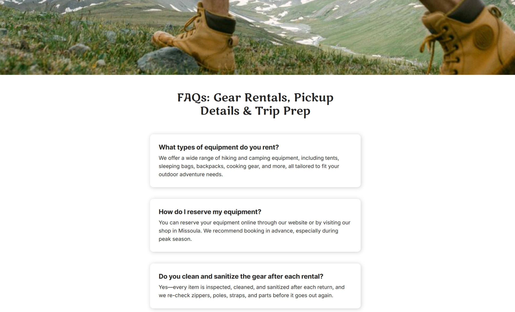 Tent & Trail Equipment FAQ section featuring the headline “FAQs: Gear Rentals, Pickup Details & Trip Prep,” with accordion cards answering questions about rental equipment types, how to reserve gear, and cleaning/sanitizing policies