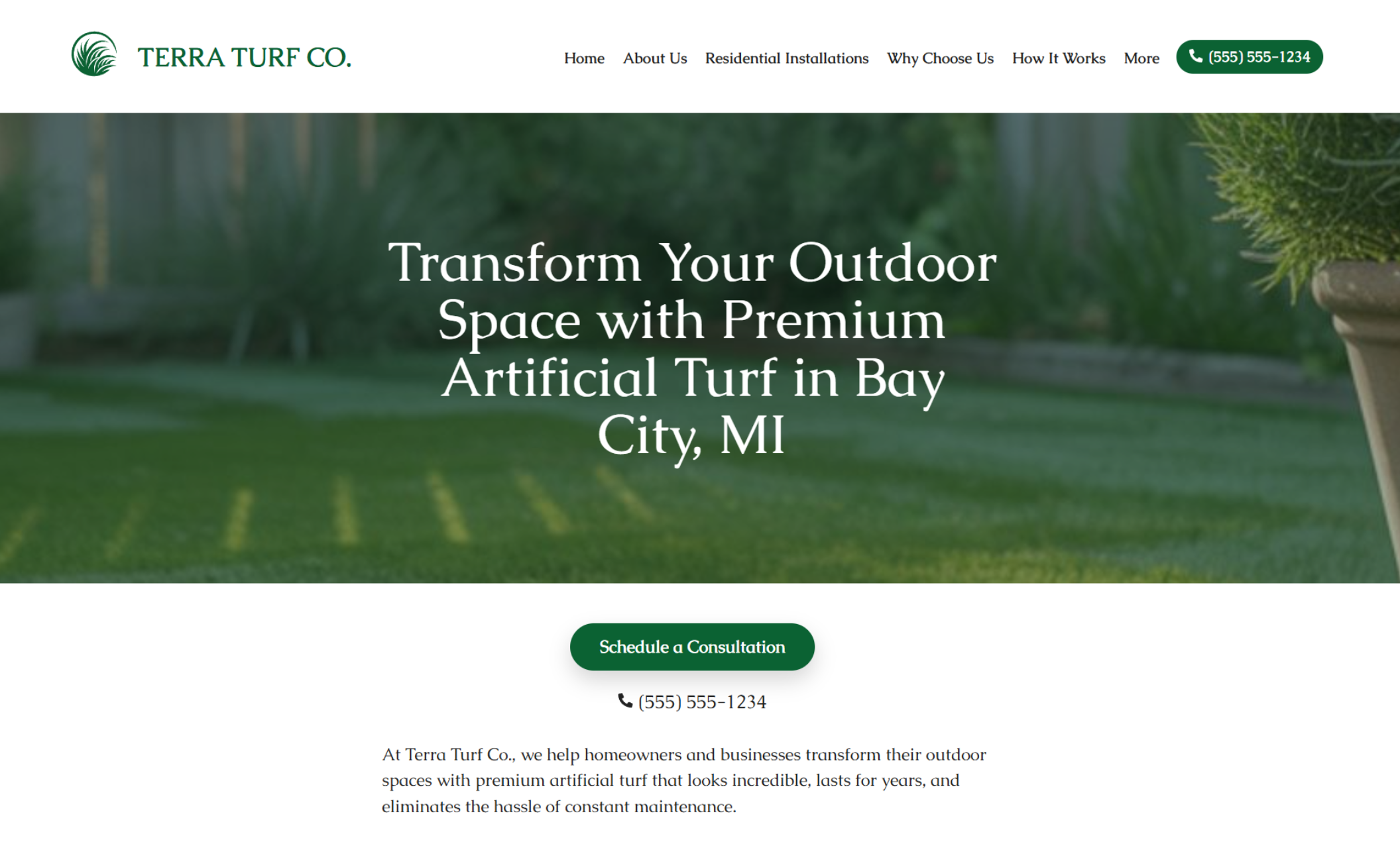 Terra Turf Co. homepage hero featuring the headline “Transform Your Outdoor Space with Premium Artificial Turf in Bay City, MI” above a green lawn image and consultation CTA