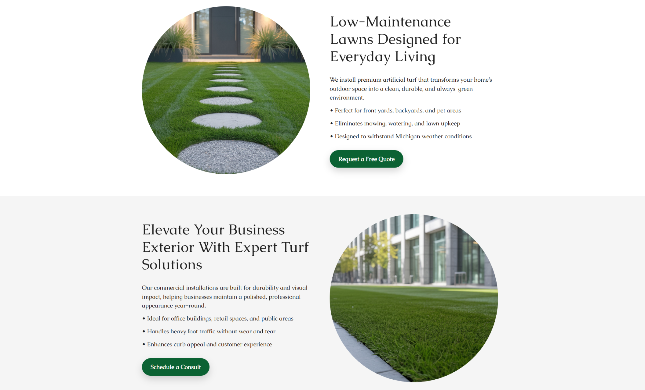 Terra Turf Co. services section highlighting low-maintenance residential lawns and commercial turf solutions with circular images, bullet points, and green “Request a Free Quote” and “Schedule a Consult” buttons