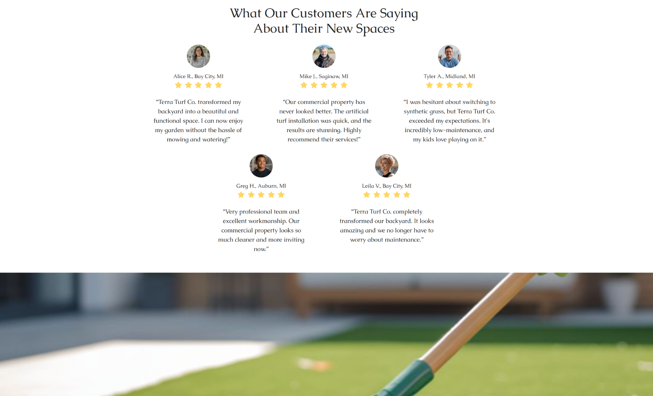 Terra Turf Co. testimonials section titled “What Our Customers Are Saying About Their New Spaces,” featuring five client reviews with star ratings and customer photos
