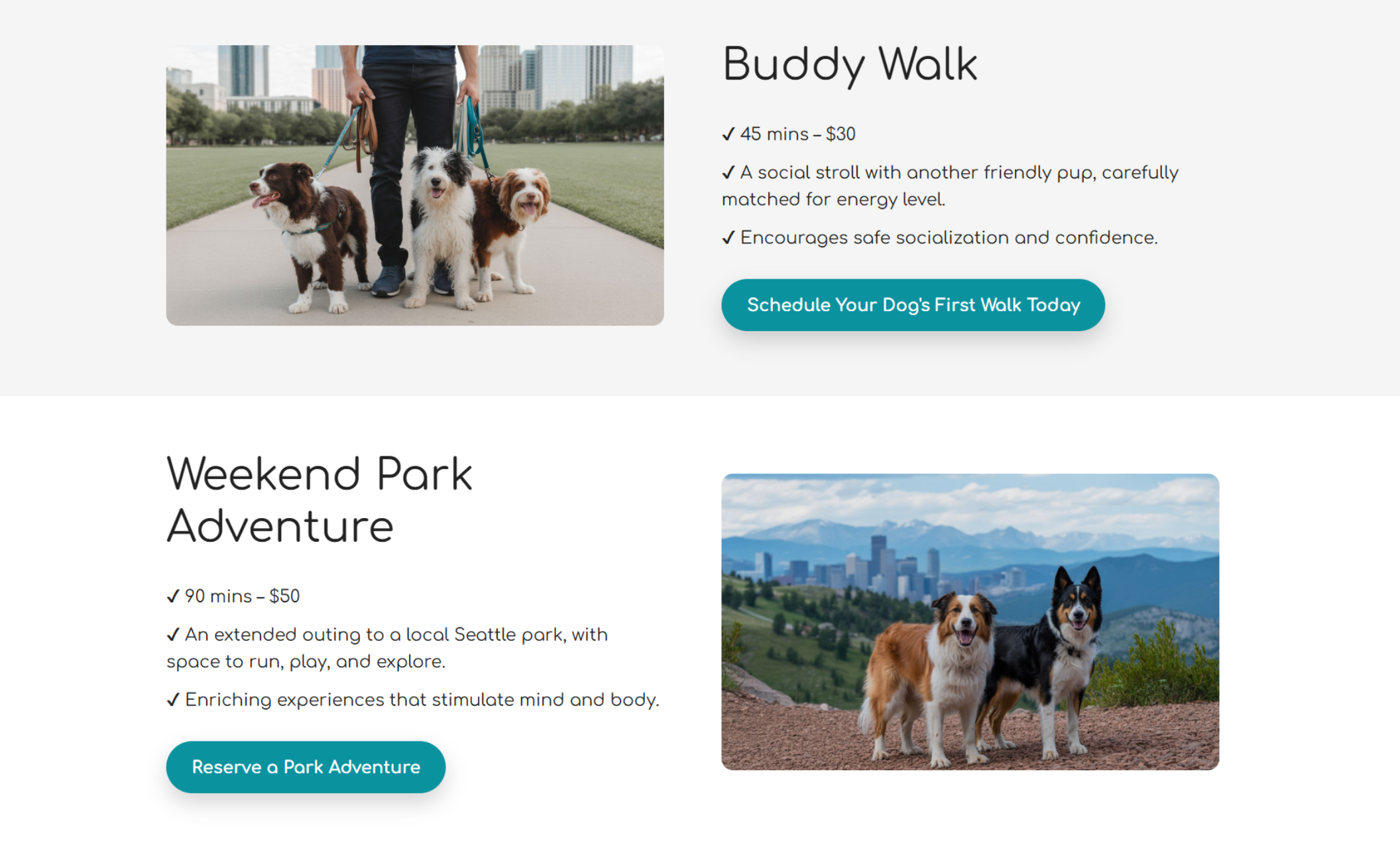 The Bark Walkers services section featuring two dog walking options — “Buddy Walk” with a photo of three dogs being walked in the city, and “Weekend Park Adventure” with two dogs posed on a trail overlooking Seattle’s skyline and mountains