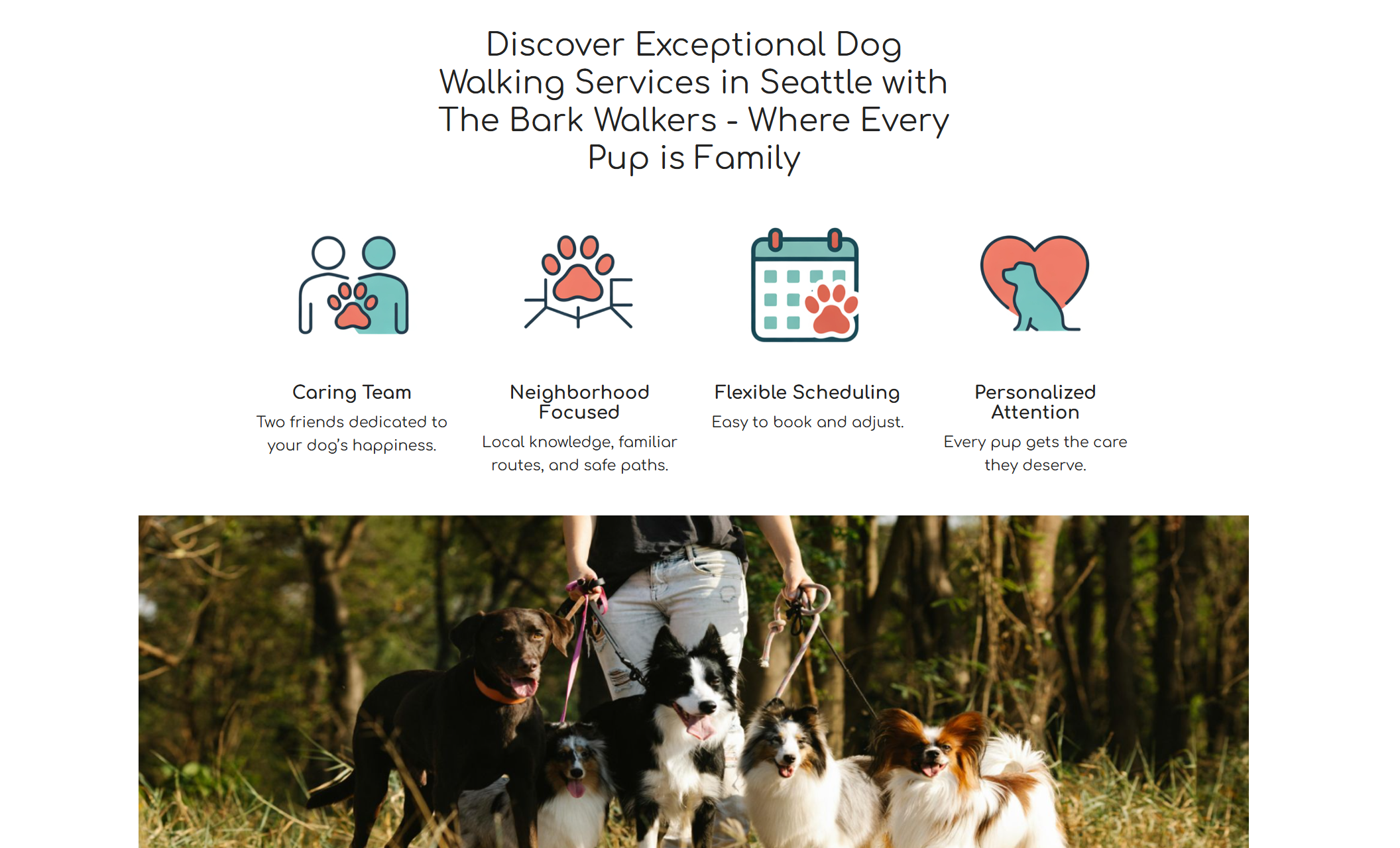 The Bark Walkers webpage section with four illustrated icons labeled “Caring Team,” “Neighborhood Focused,” “Flexible Scheduling,” and “Personalized Attention,” above a photo of four dogs on leashes walking together in a wooded area